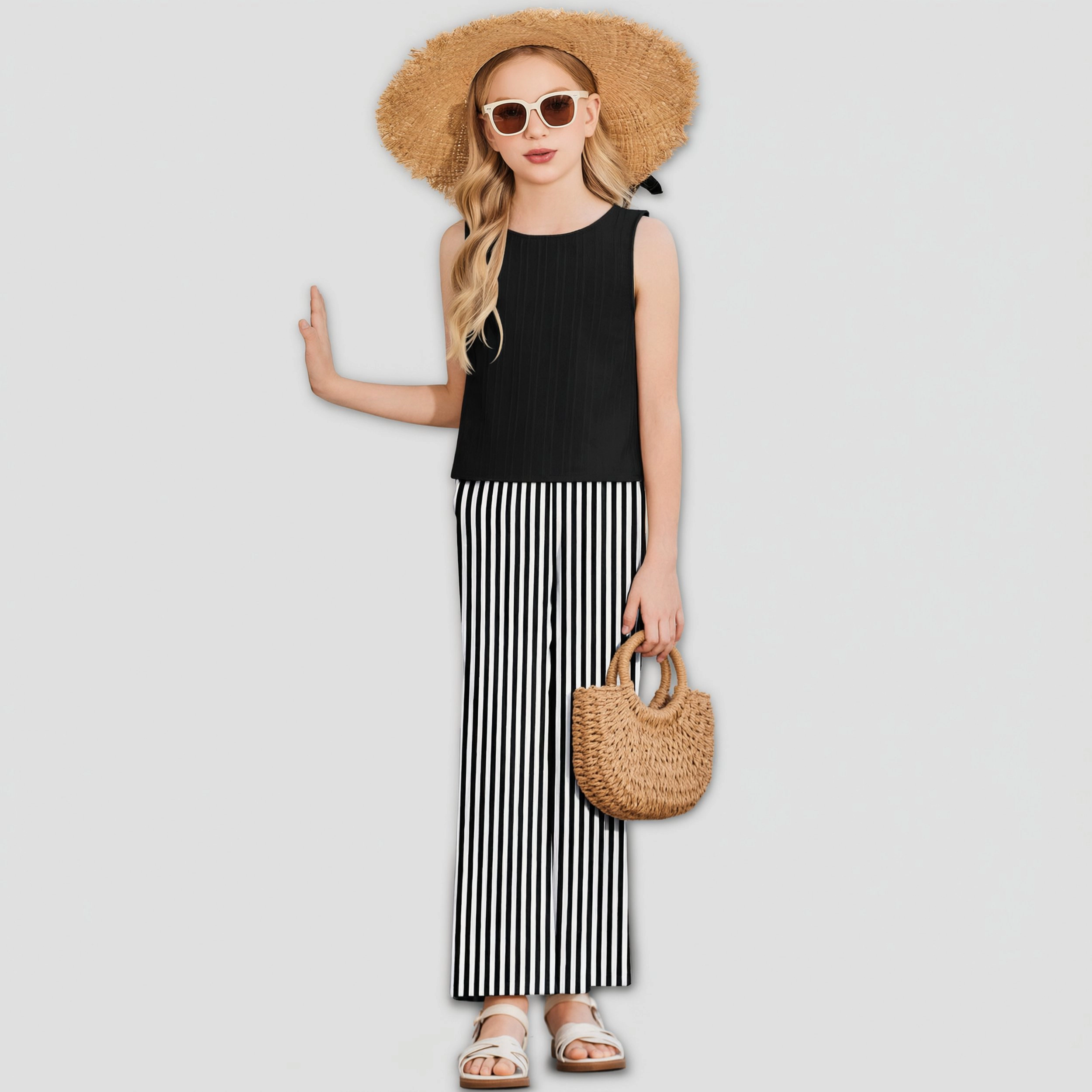Arshiner Girls Casual 2 Piece Outfit Sleeveless Back Crop Top Wide Leg Pocket Pants