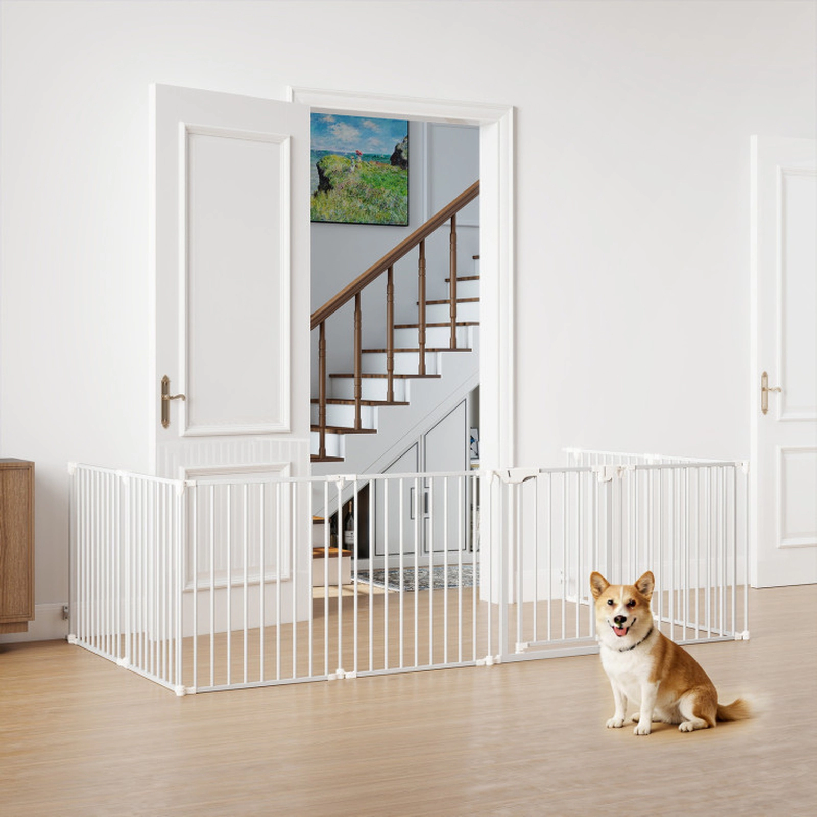 SUGIFT 8-Panel Extra Wide Adjustable Baby Gate and Pet Safety Fence 29.13-in Tall Ages 1-3 White/Black
