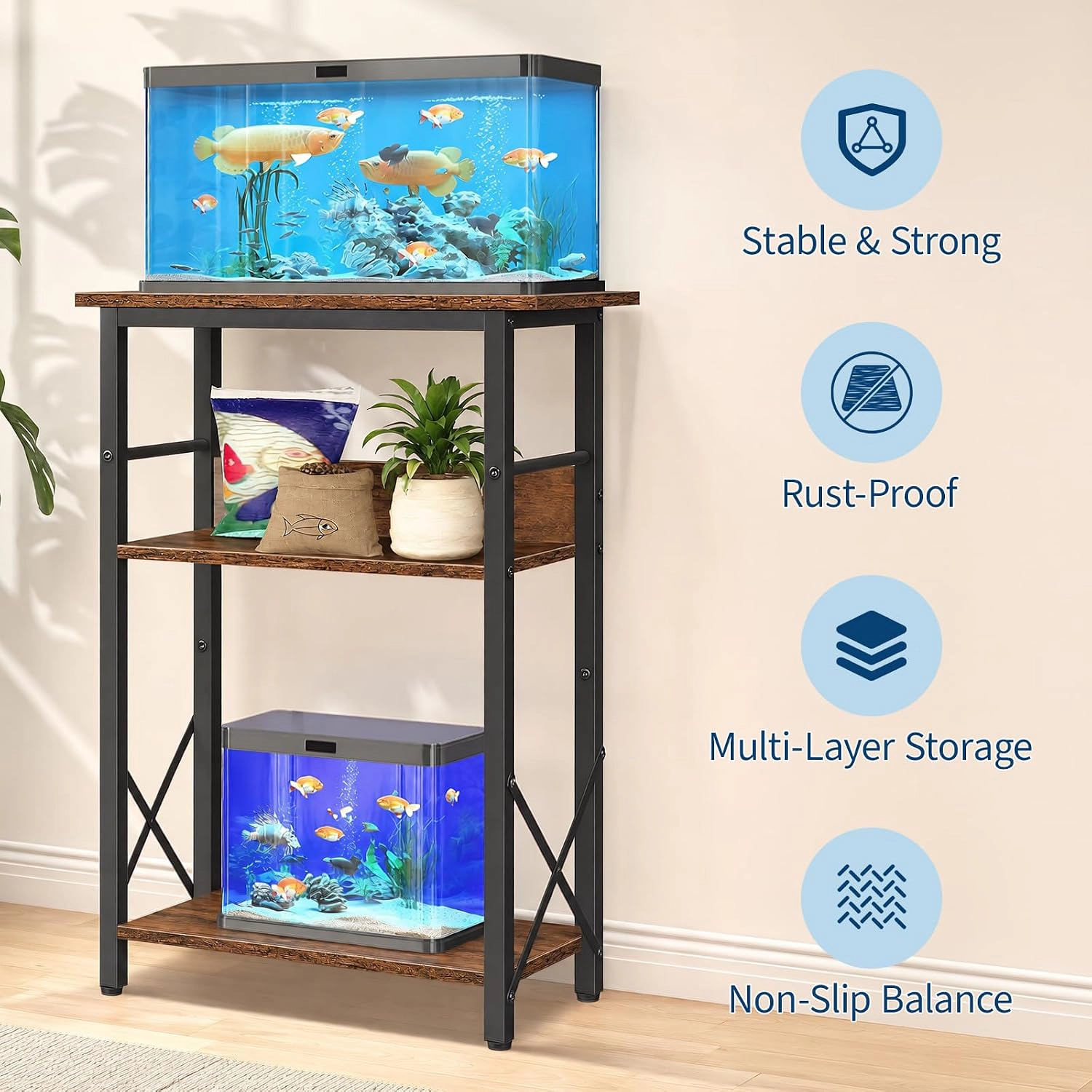 10 Gallon Aquarium Stand, 3-Tier Metal Wood Fish Tank Support with Storage Shelves, Brown