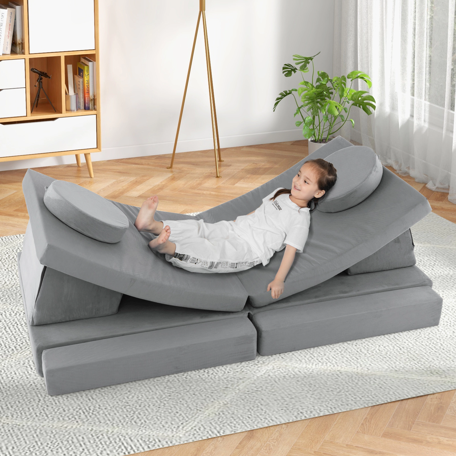 SUGIFT 10-Piece Gray Suede Modular Kids Play Couch Sofa Set with Portable Handle and Washable Covers