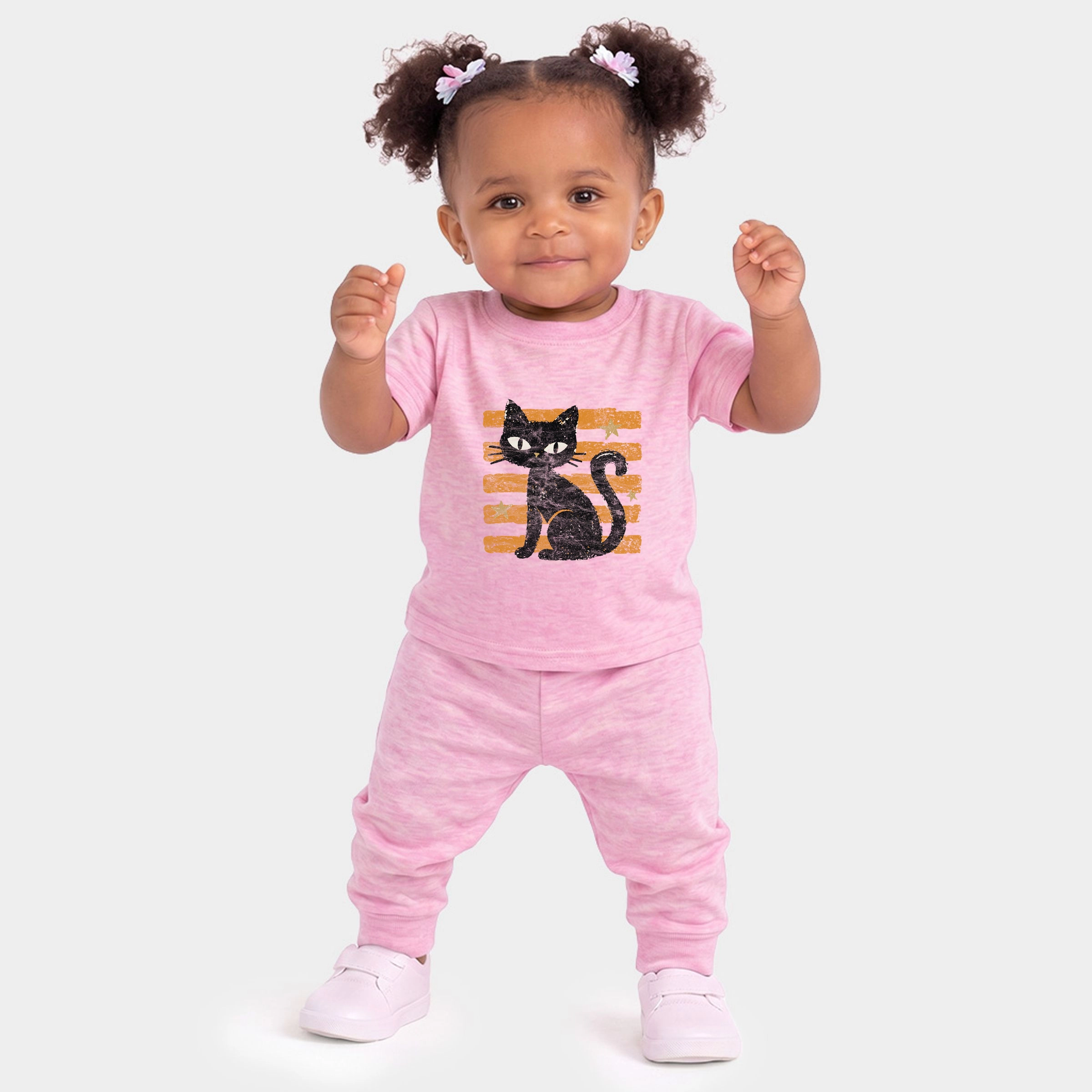 The Juniper Shop - Infant Jogger Pant Crew Set Black Cat Orange Stripes