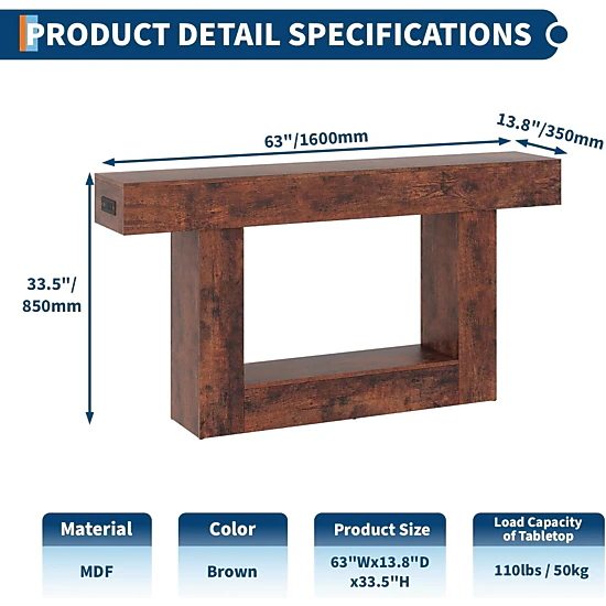 BebreezChic 63" Entryway Table, 2-Tier Narrow Console w/ Storage & Charging