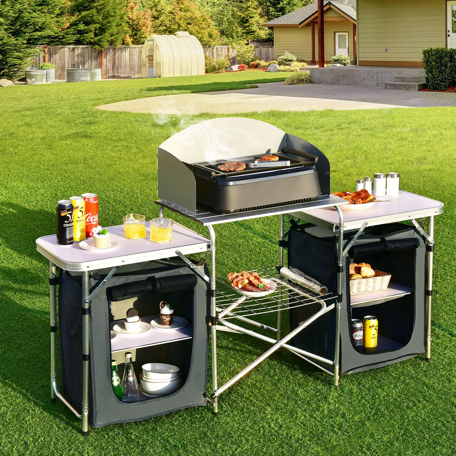 SUGIFT Gray Folding Camp Kitchen Table with Windscreen 68-in W 19-in D 43.5-in H 55-lb Tabletop Capacity
