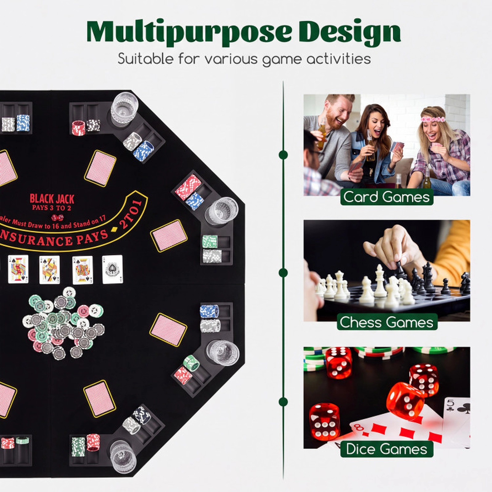 SUGIFT 48-in 8-Player Quad-Fold Portable Poker Table Top with Cup Holders Chip Trays and Carrying Bag