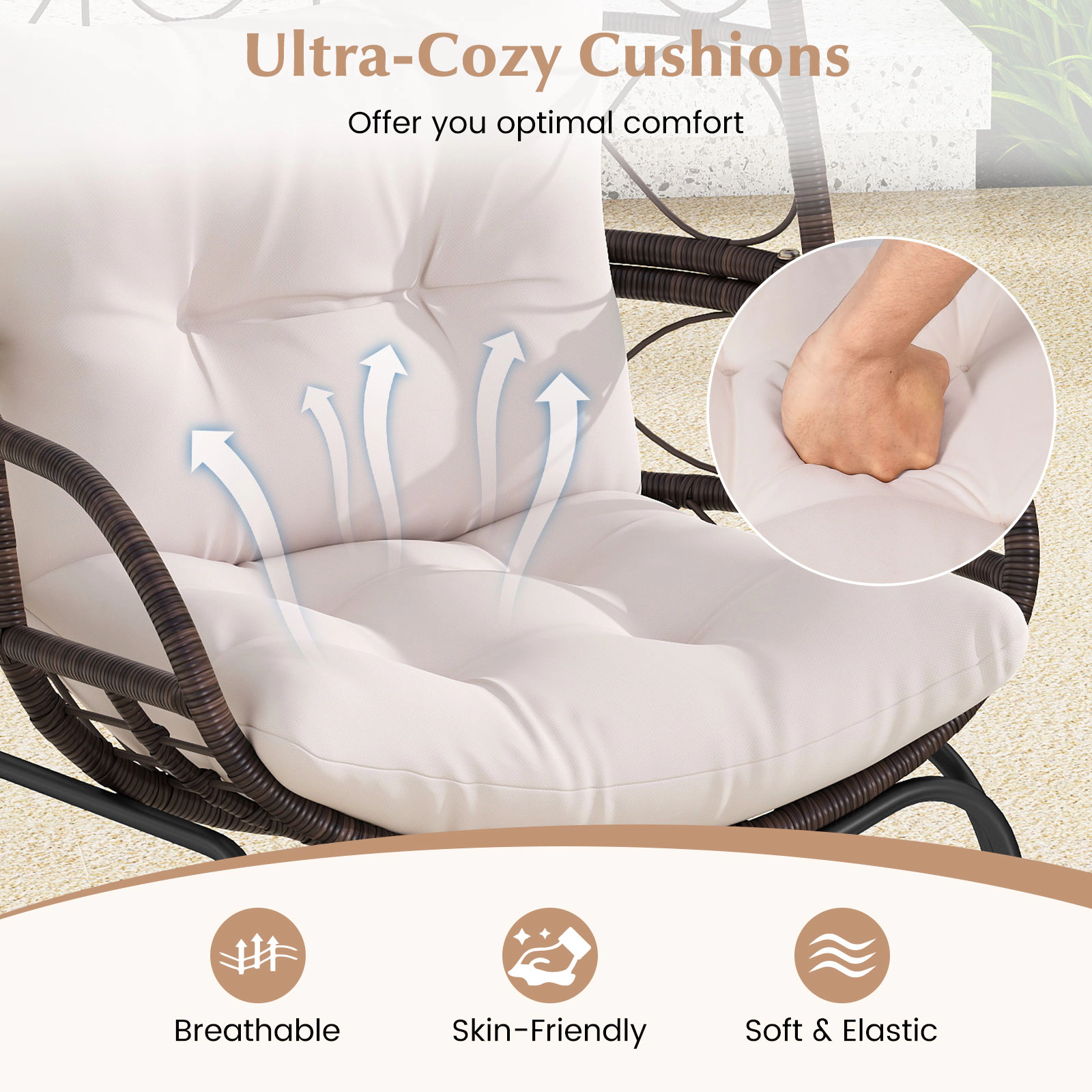 LJG Patio Wicker Egg Chair Outdoor Rattan Lounge Basket with Seat and Back Cushions