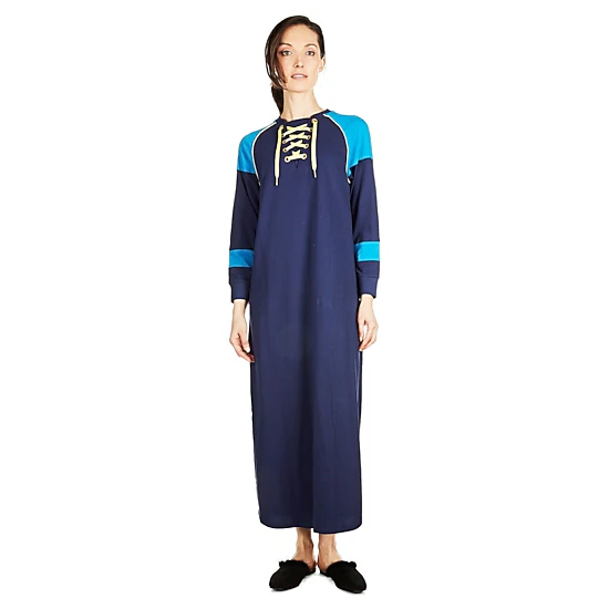 MeMoi Women's 100% Cotton Ultra Soft Lace Up Long Sweatshirt Gown