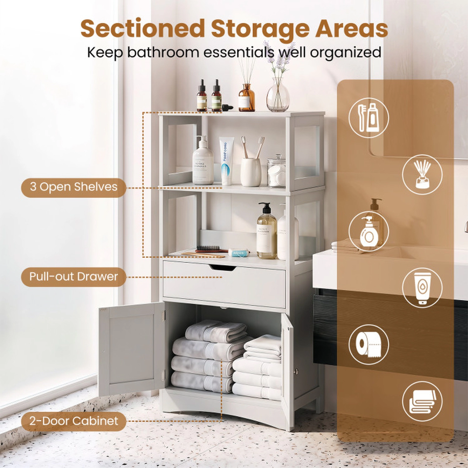 SUGIFT Bathroom Storage Cabinet with Open Shelves Drawer and Doors 110-lb Capacity Engineered Wood Black Gray White
