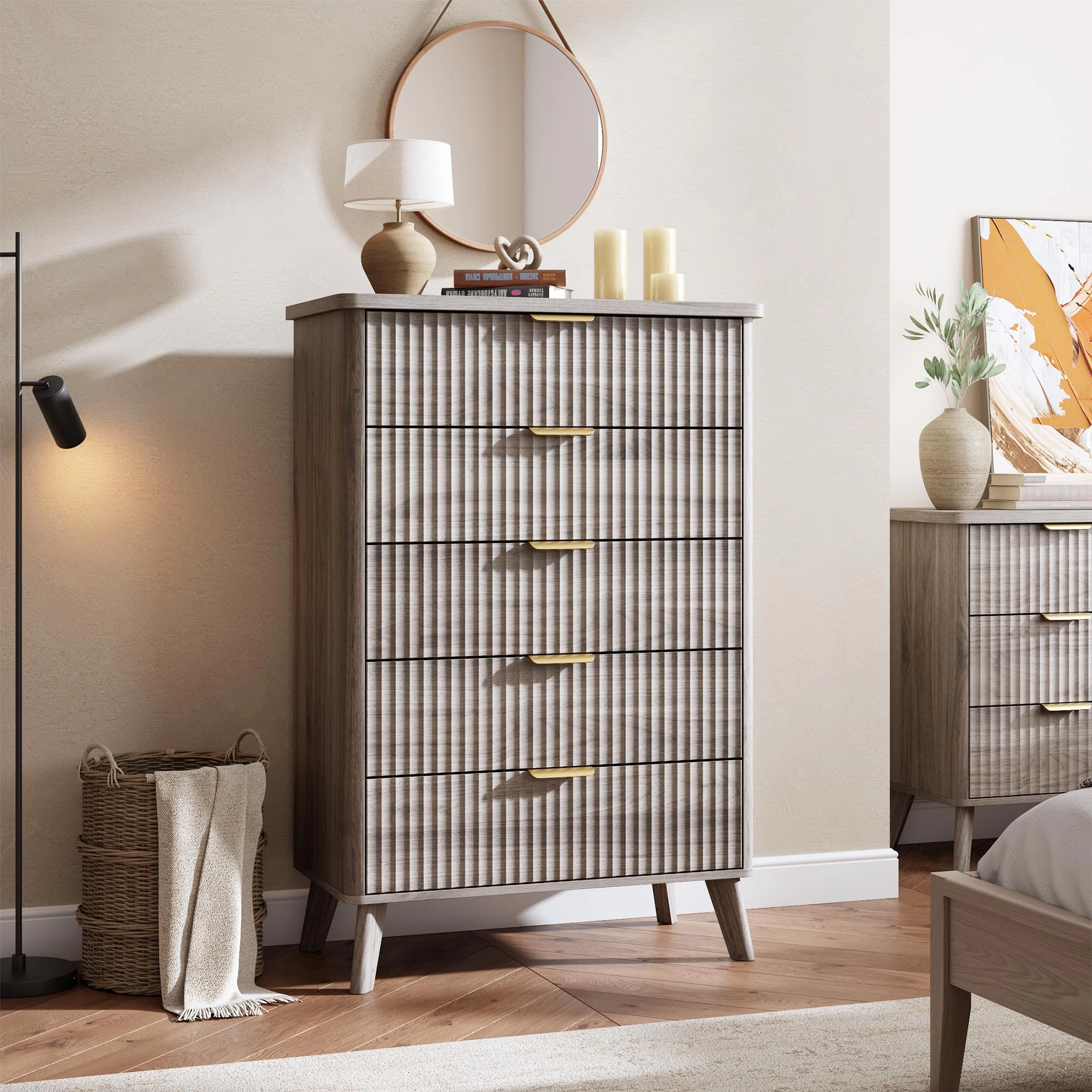 Fluted 5 Drawer Dresser, Curved Profile Design 47.2" Tall Wooden Chest for Bedroom Living Room Hallway