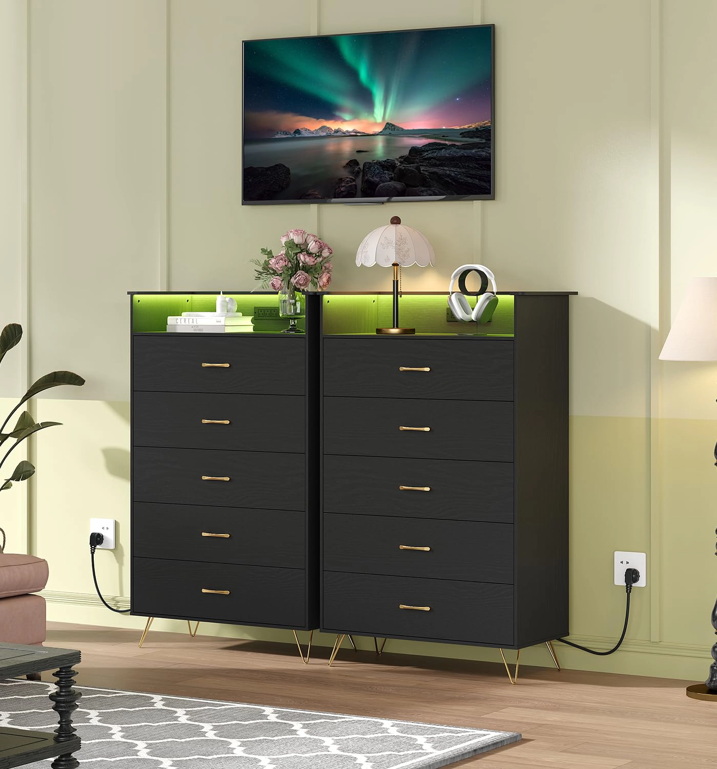 53" Tall 5 Drawer Dresser with RGB LED Lights & Charging Station, App Controlled Wood Chest