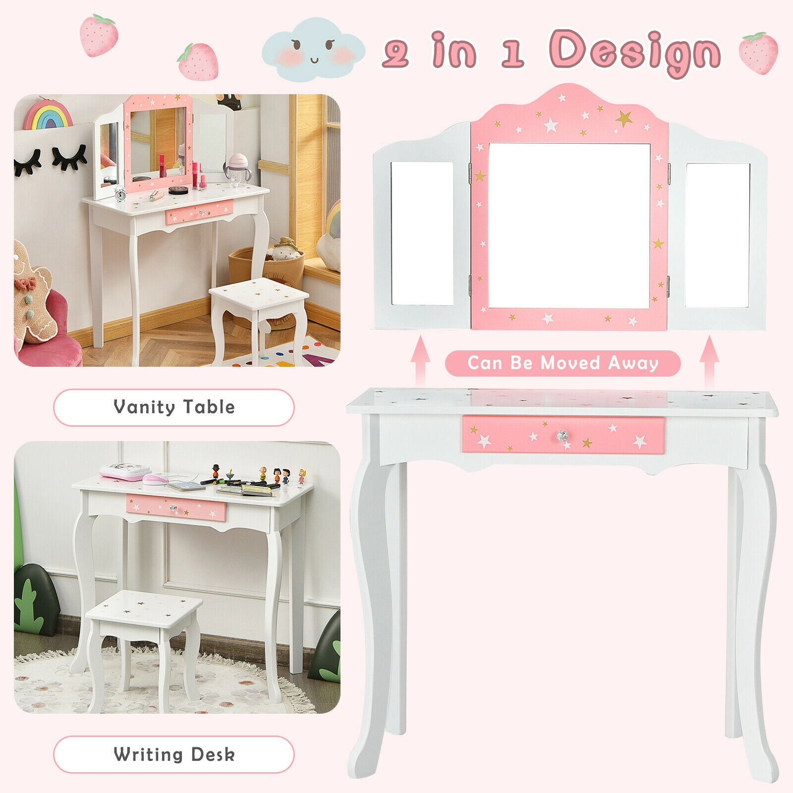SUGIFT Kids Princess Vanity Table and Stool Set, 180-Degree Tri-Fold Mirror, Detachable Desk and Drawer
