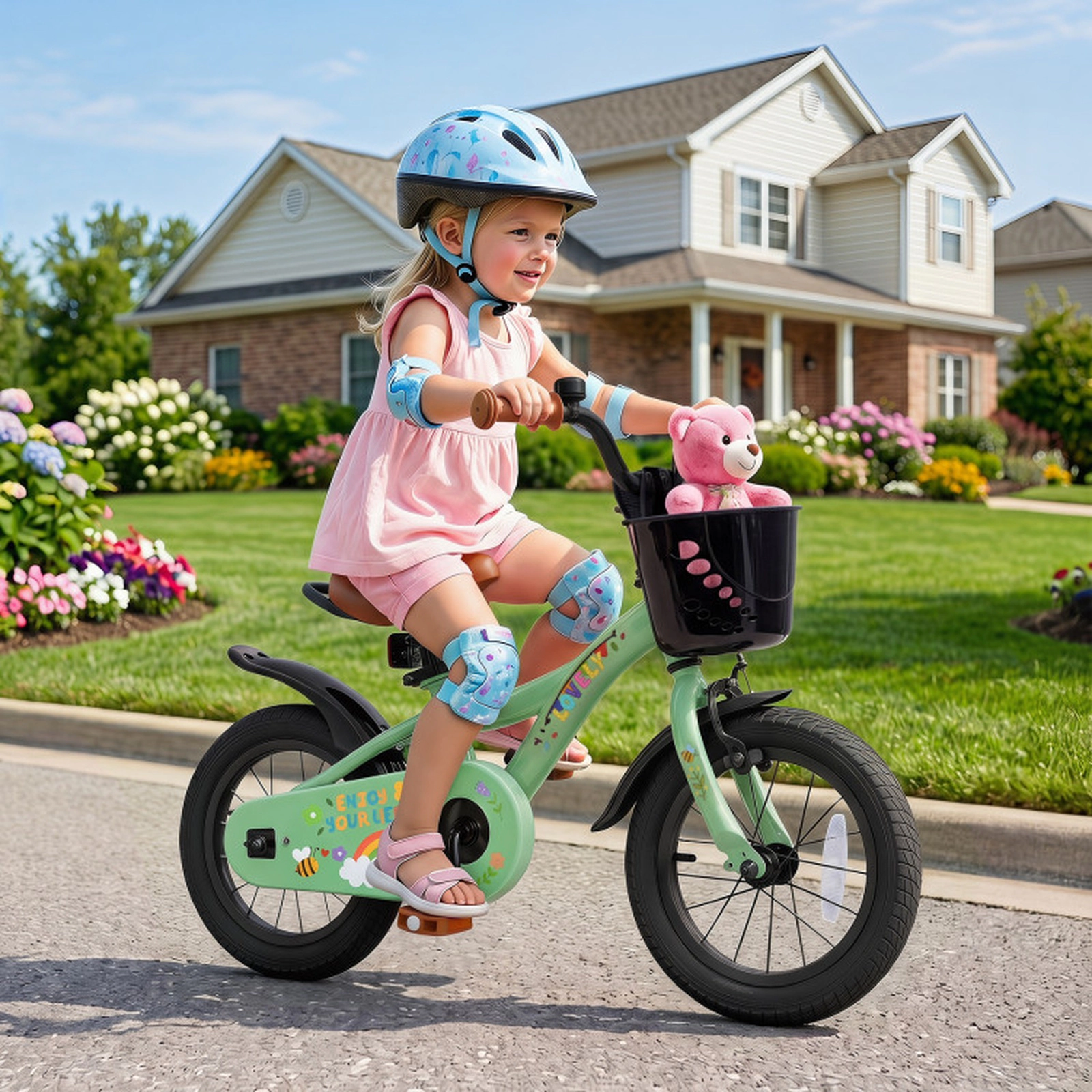 SUGIFT Green Training Wheels Front Basket Brown Saddle and Bell Girls 12 Inch Bike