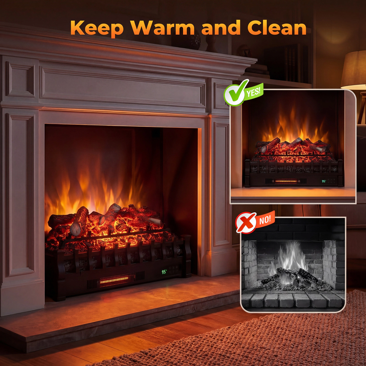 LJG 26 Inch WiFi Infrared Quartz Electric Fireplace Insert Logs Heater with Realistic Lemonwood Logs