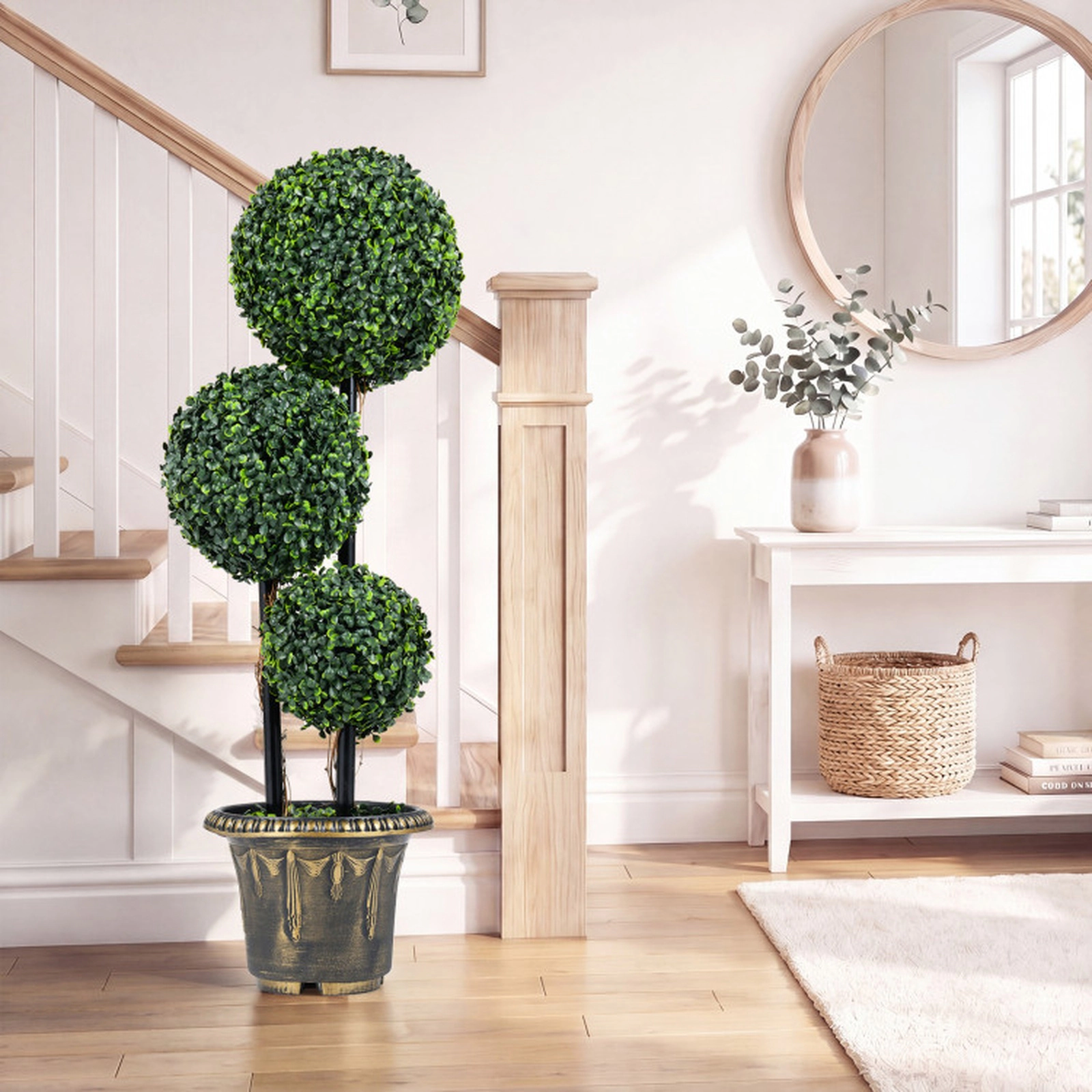 SUGIFT Layered Triple-Ball Boxwood Artificial Topiary Tree 35-in Tall Green Black Golden