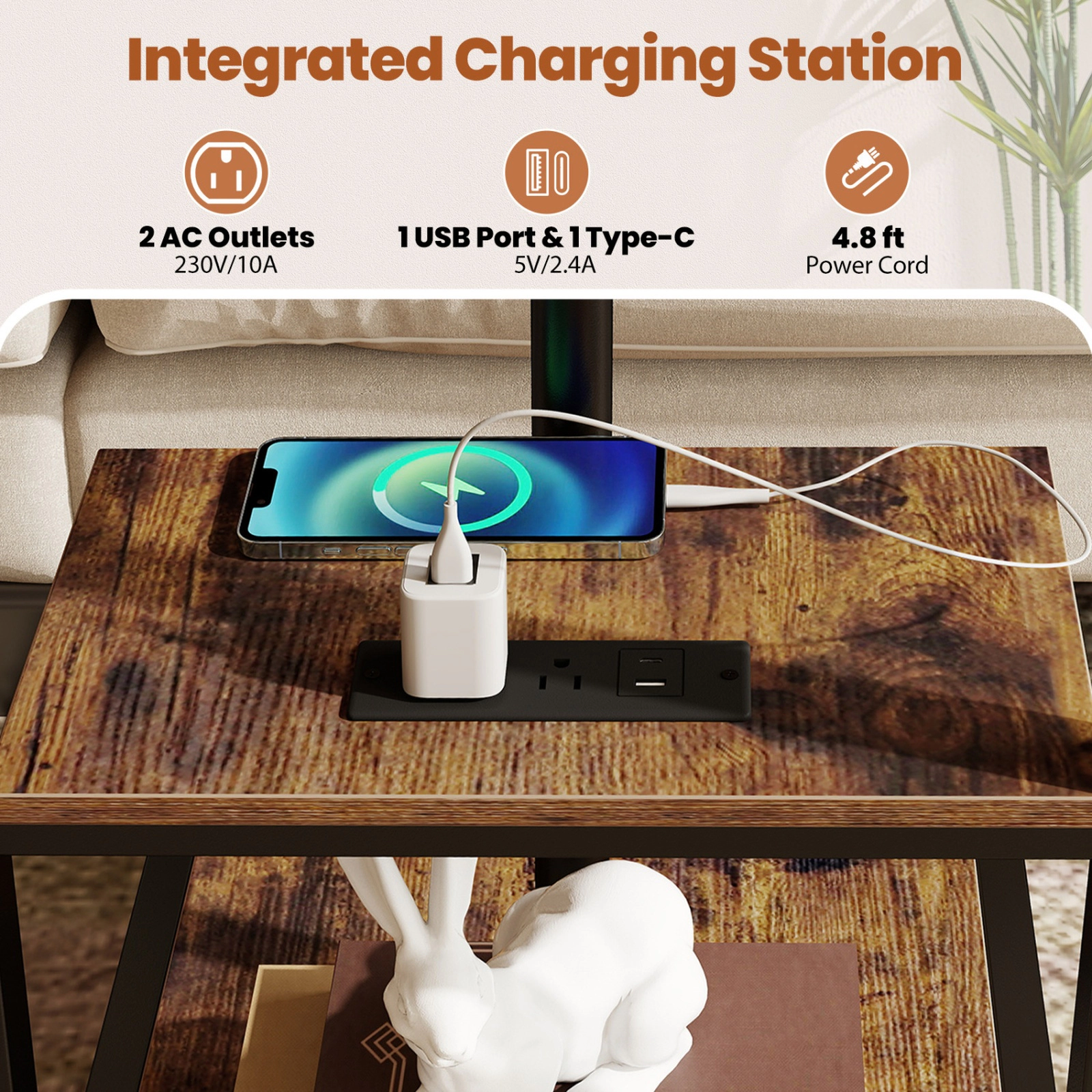 SUGIFT Set of 2 Charging Station Tilt Top 3-Tier C-Shaped Side Tables 26-in to 32.5-in 44-lb Capacity Rustic Brown