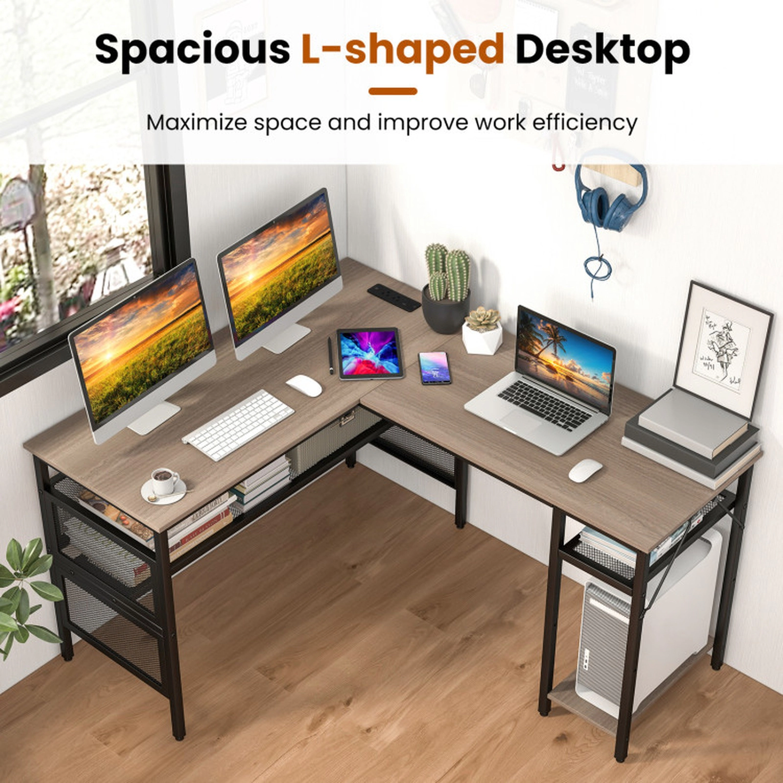 SUGIFT 330-lb Capacity Grey Wash Reversible L-Shaped Computer Desk with Charging Station and Mesh Shelves