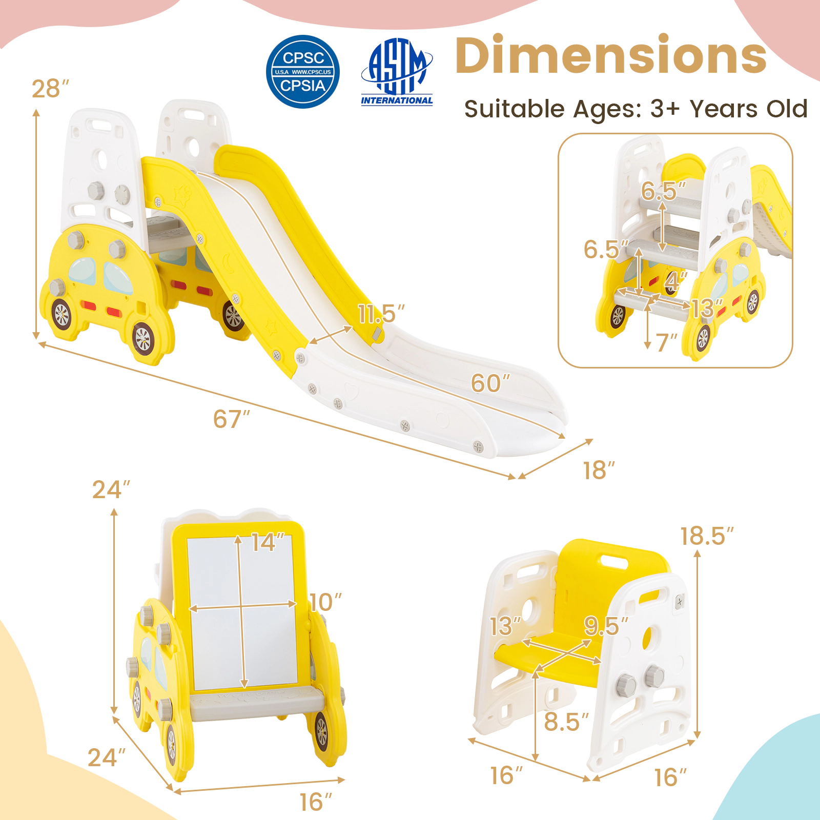 SUGIFT Yellow Art Easel Stool and Book Rack 5-in-1 Convertible Toddler Slide Set