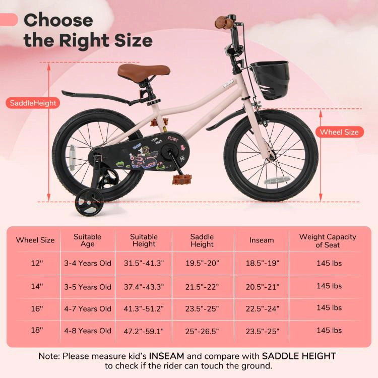 SUGIFT 16-Inch Pink Kids Bike, Metal Frame, Front Basket, Training Wheels, Hand and Coaster Brakes