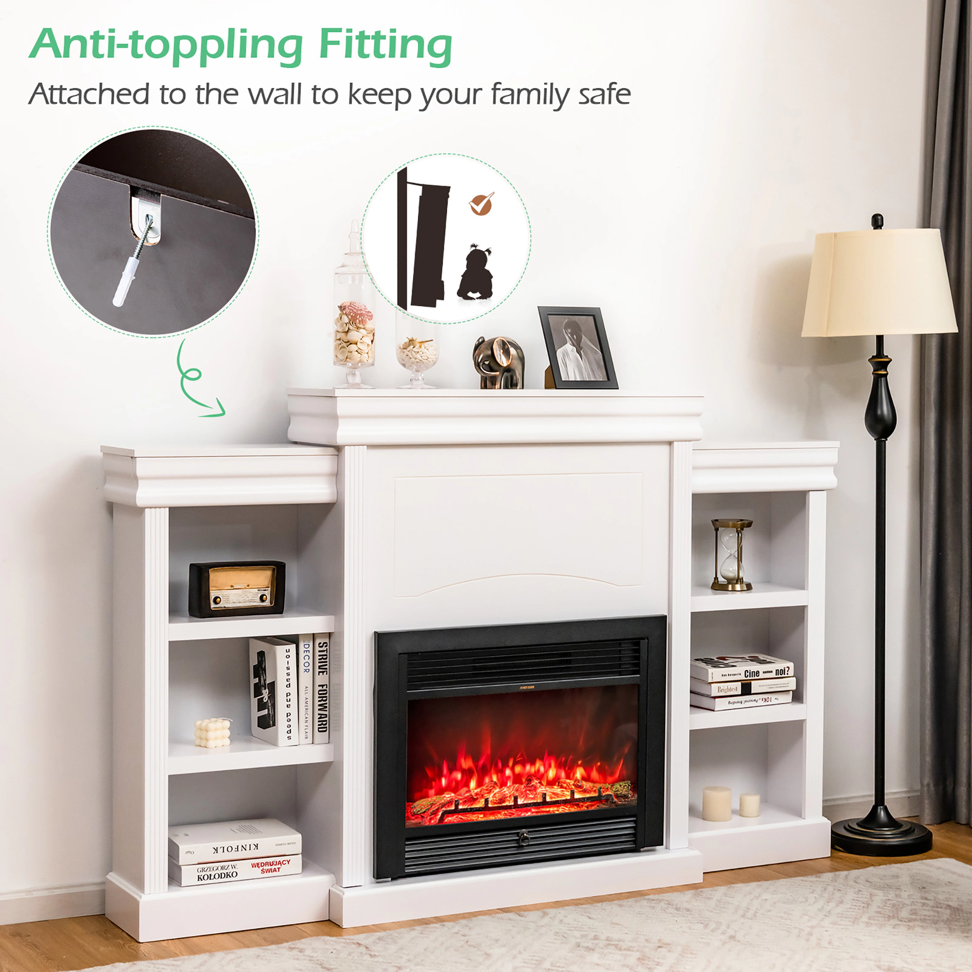Costway 70'' Fireplace TV Stand Modern Media Entertainment Center Bookcase Black