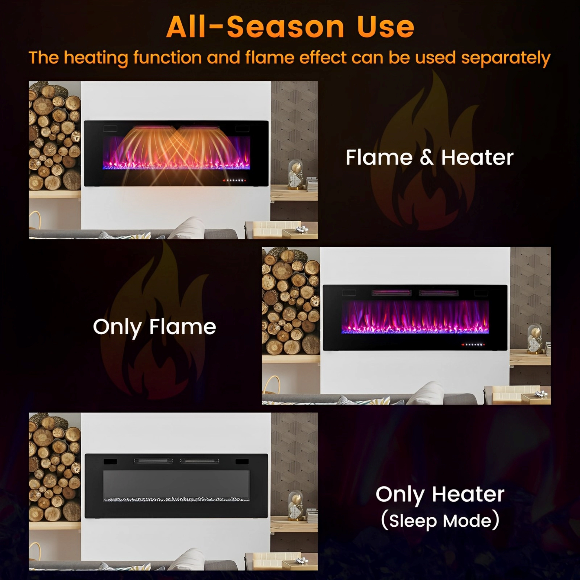 SUGIFT 50-Inch Ultra-Thin Electric Fireplace, 5100 BTU, Wall-Mounted or Recessed, Decorative Crystals