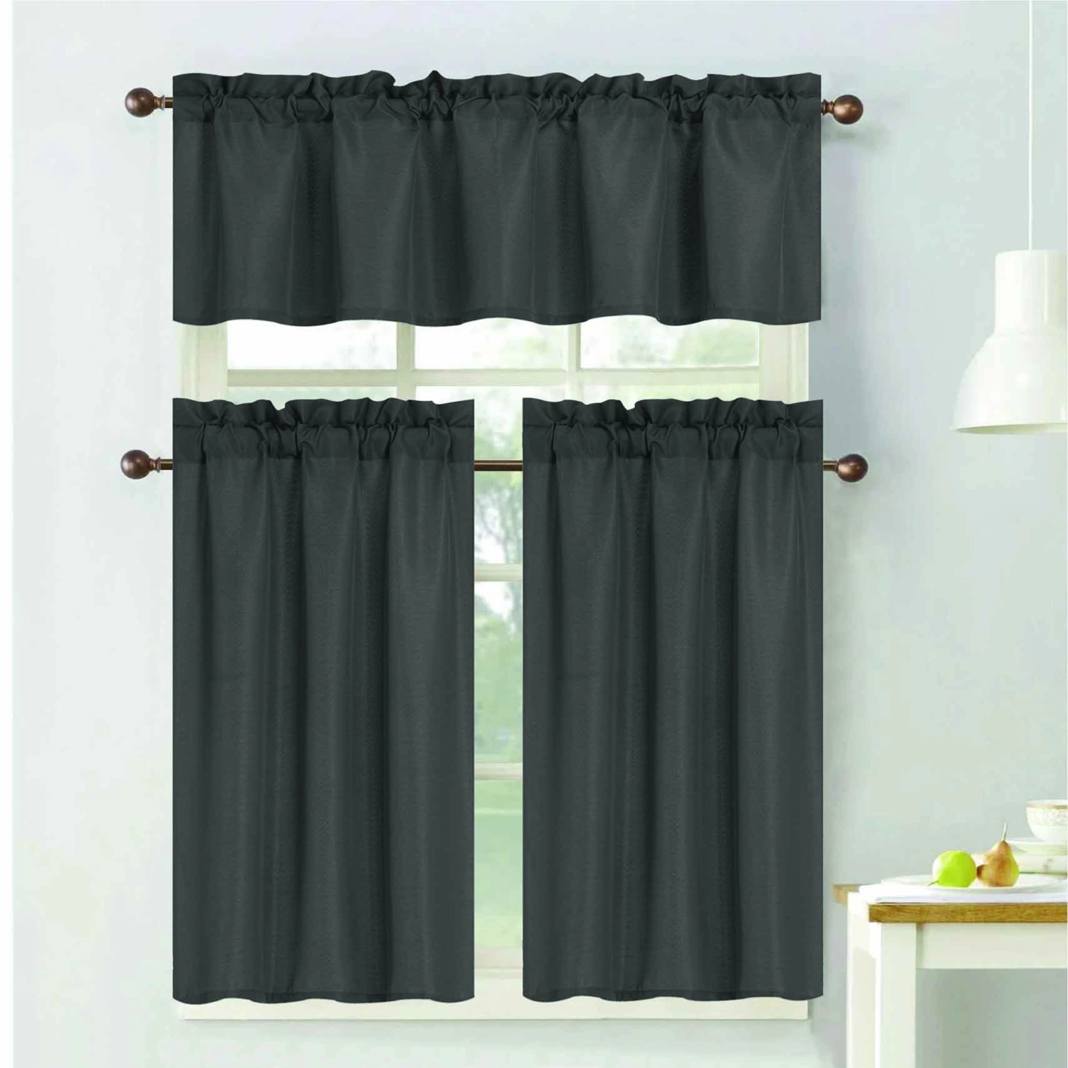 RT Designers Collection 100% Polyester Gibson Solid 3 Piece Kitchen Curtains Valance & Tiers Set 54" x 18" Charcoal