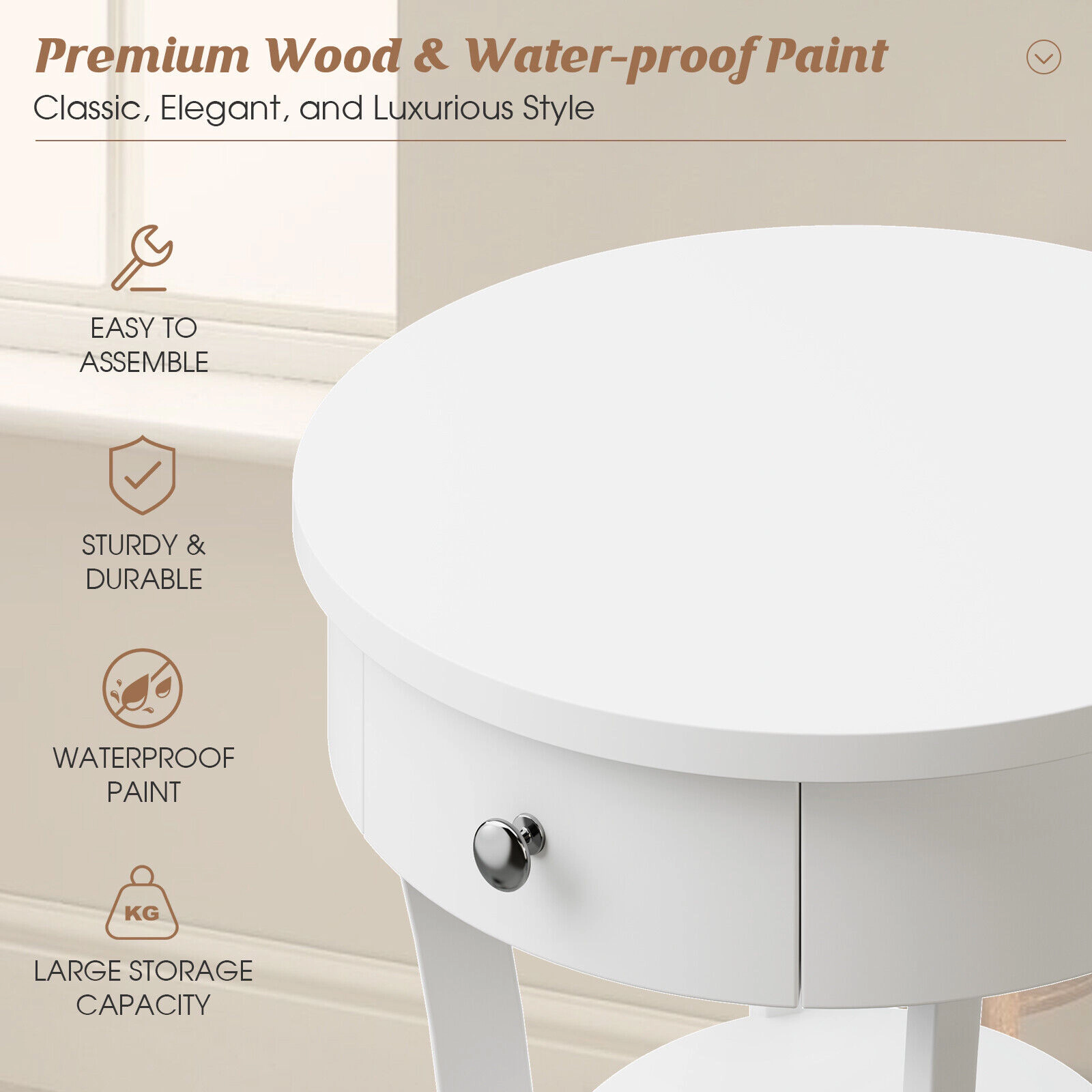 Glintex Round 2-Tier End Table with Open Drawer and Rubber Wood Legs