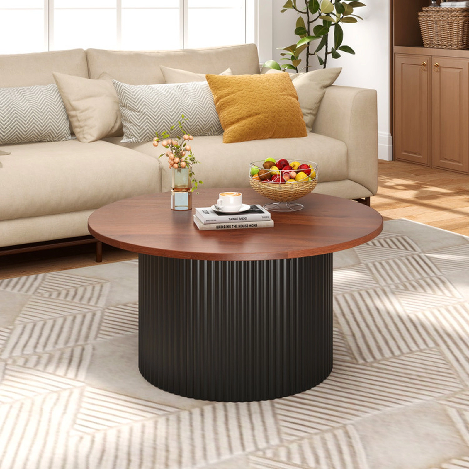 SUGIFT 32-in Round Coffee Table with Solid Wood Frame and Wooden Top 220-lb Capacity Natural and Black 1-Piece
