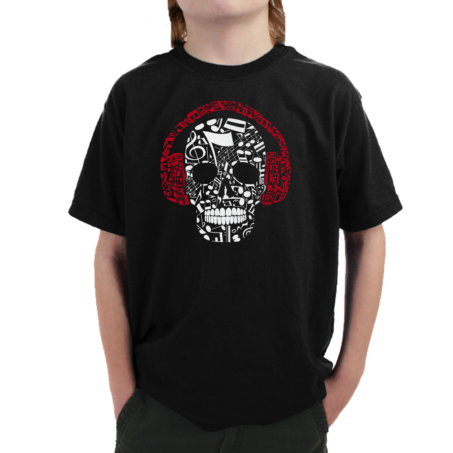 LA Pop Art Boy's Word T-Shirt - Music Notes Skull