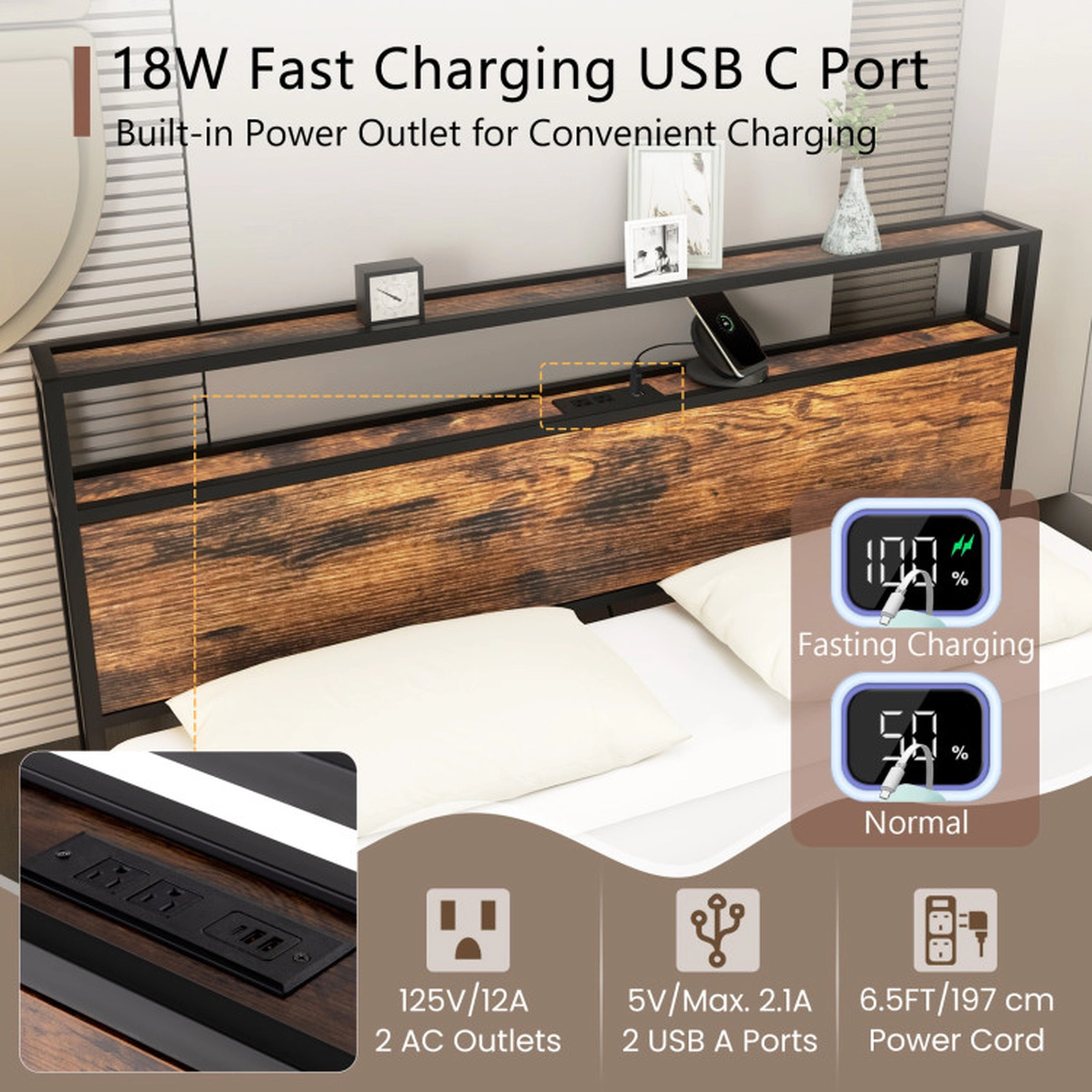 SUGIFT Storage Headboard Bed Frame with Charging Station 1000-Lb Capacity Queen Rustic Brown + Black