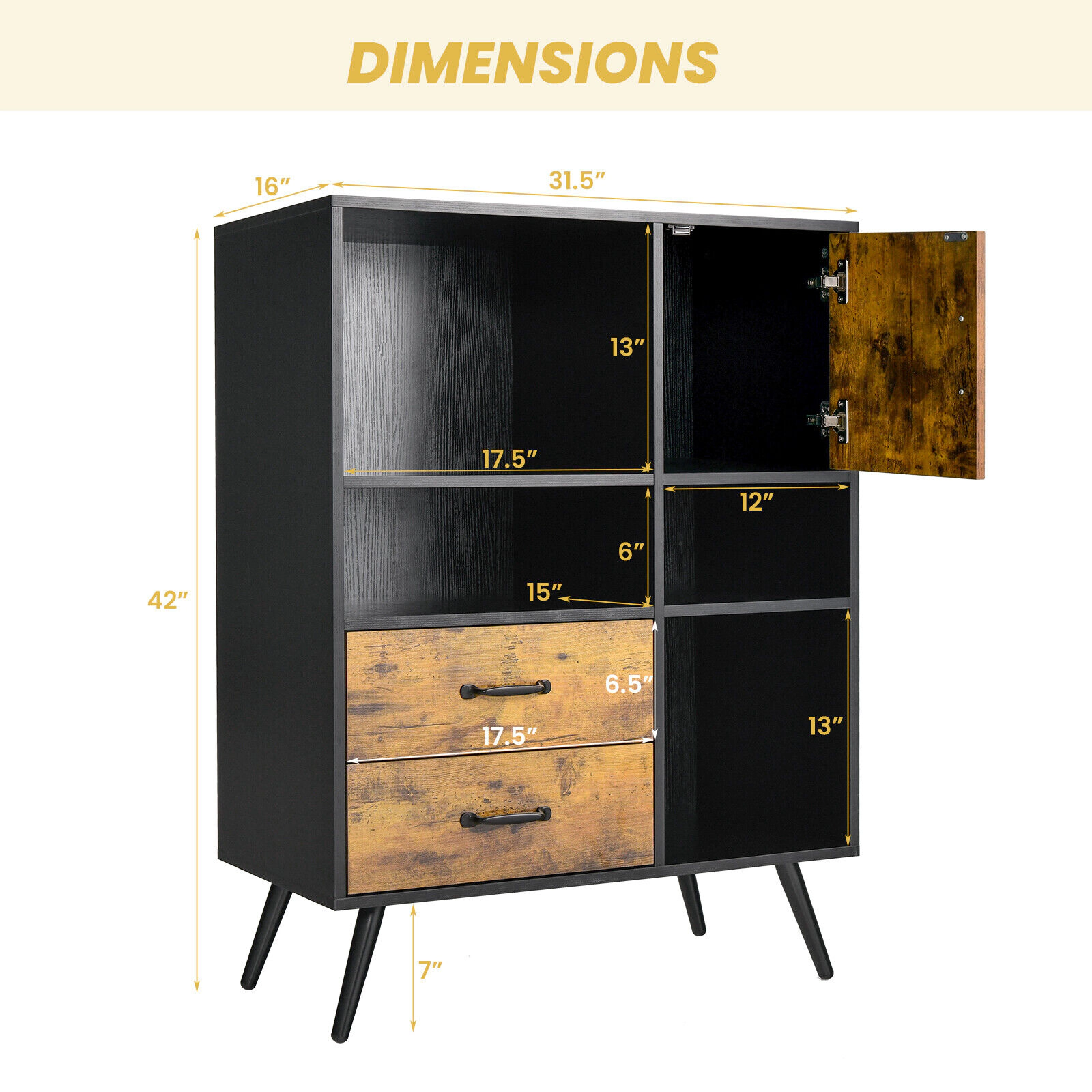 SUGIFT Industrial Buffet Sideboard Kitchen Cupboard with Cubbies and Drawers 110-lb Tabletop Rustic Brown and Black