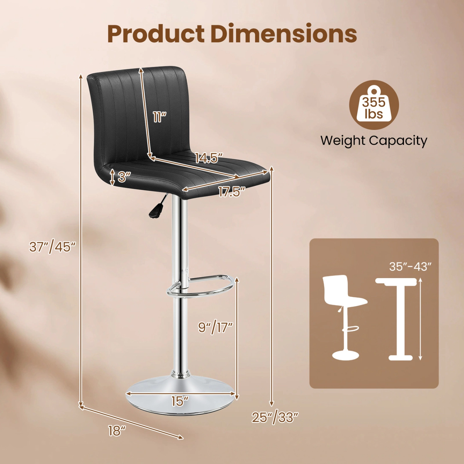 SUGIFT Set of 2 Black Adjustable Swivel Bar Stools, Faux Leather, Chrome Base