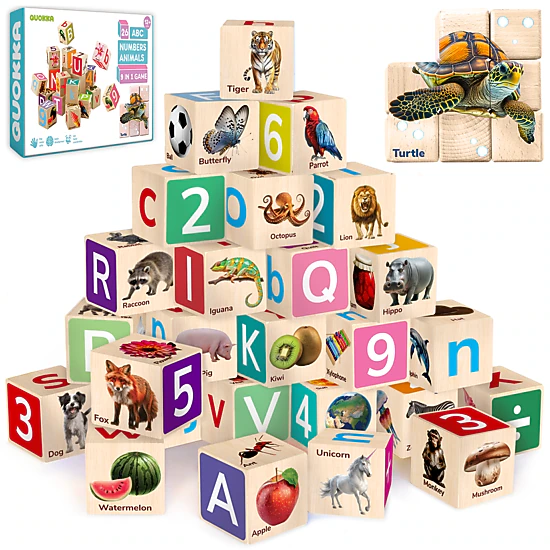 QUOKKA Wooden Alphabet Blocks & Peg Puzzle Set, ABC Learning Toys for Toddlers, Ages 1+