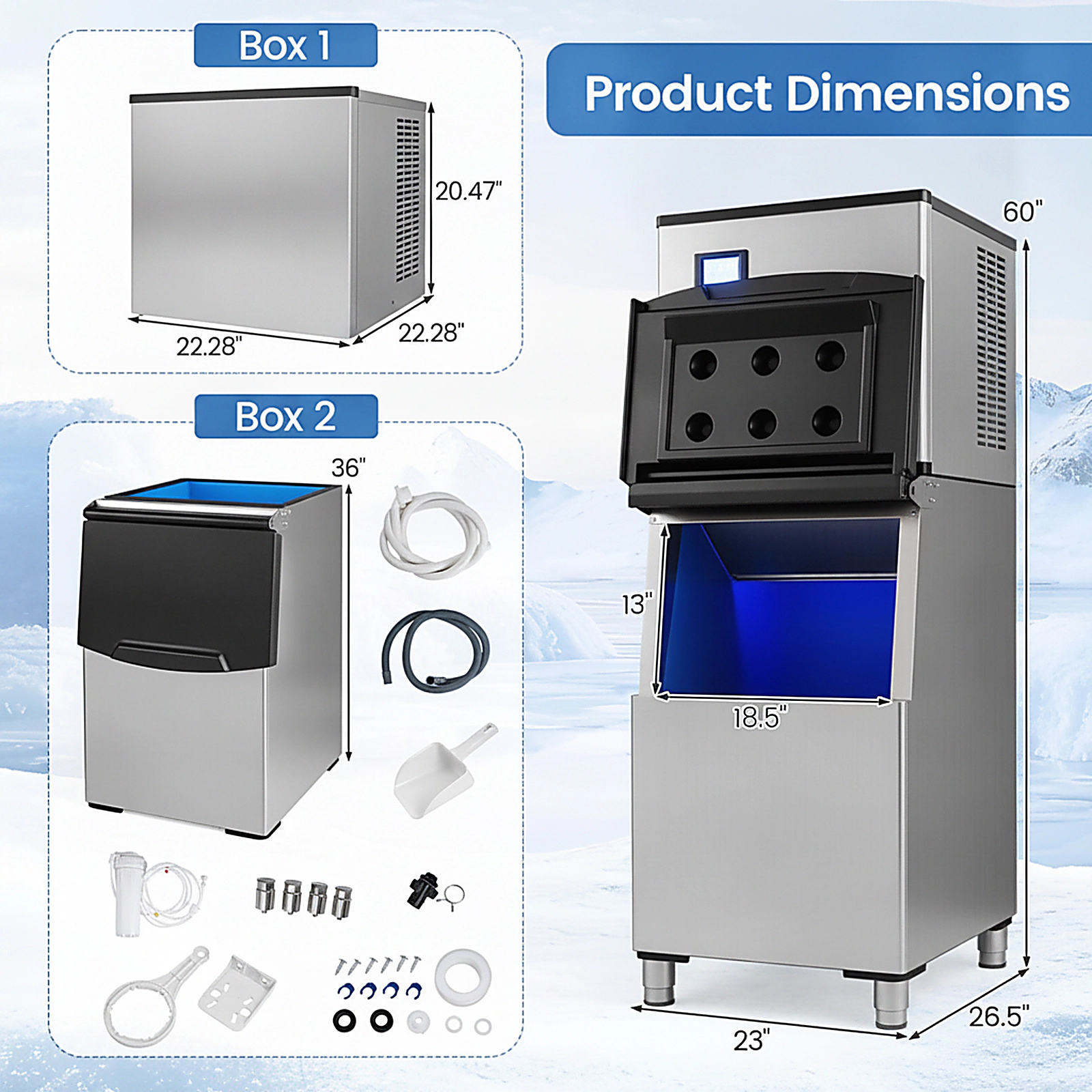 SUGIFT Freestanding Commercial Ice Maker with 450-lb Daily Output 250-lb Storage Bin and LCD Panel