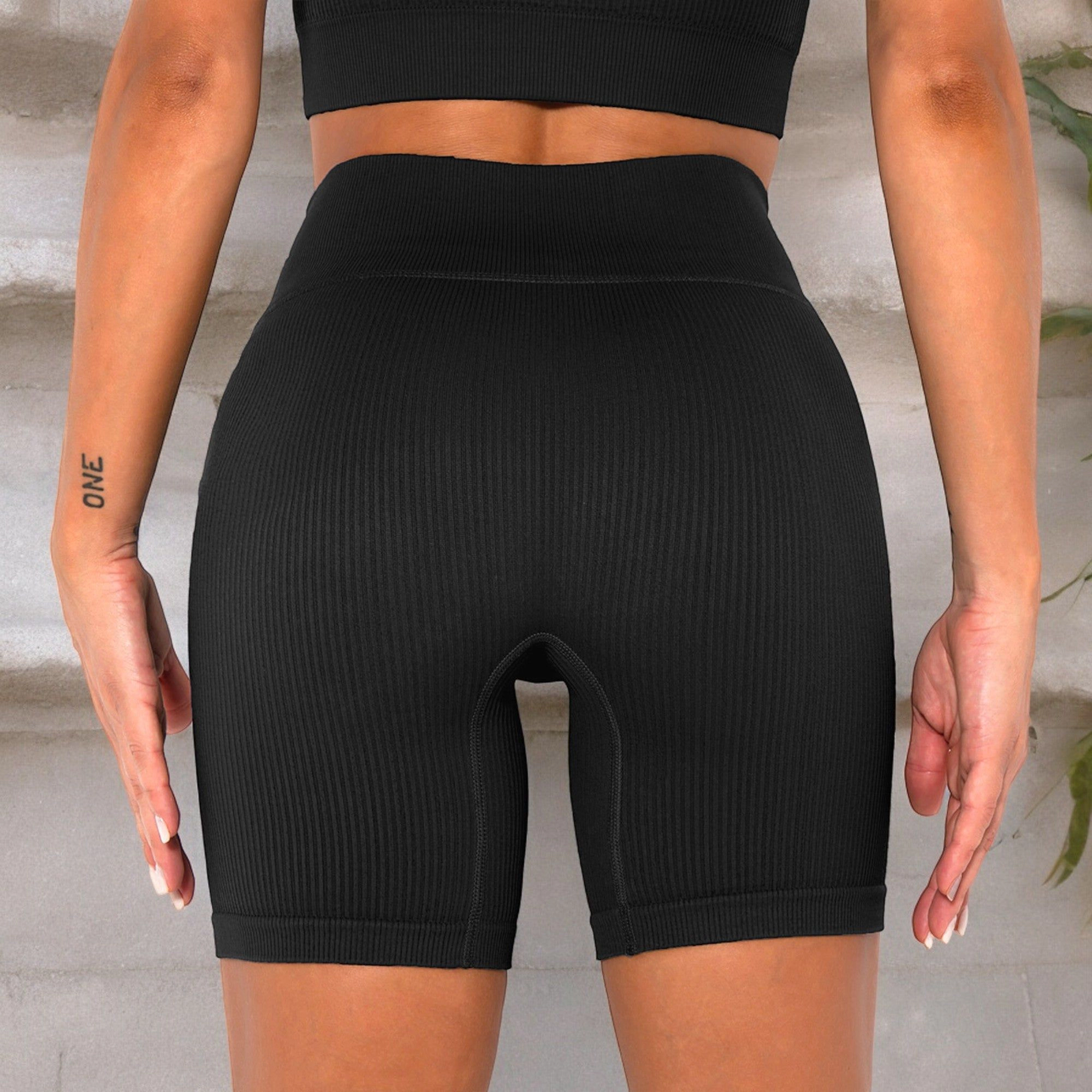Anna-Kaci Women's High-Waisted Seamless Biker Shorts Ribbed Compression Yoga Workout for Fitness and Running