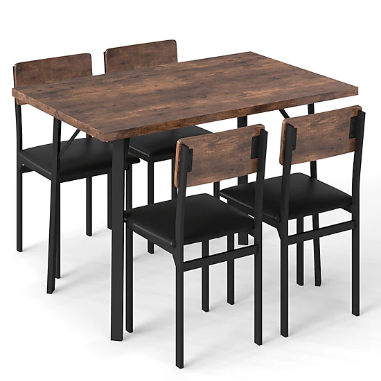 LJG 5-Piece Dining Table Set for 4 People Industrial Kitchen Table and 4 PU Leather Chairs