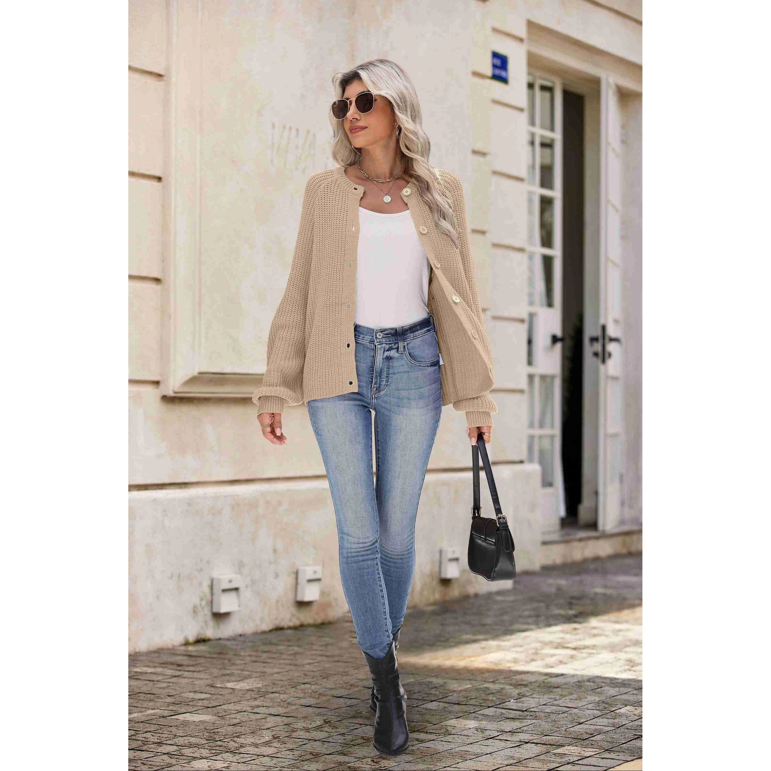 Zeagoo Women's Long Sleeve Chunky Knit Crew Neck Button Down Cardigan