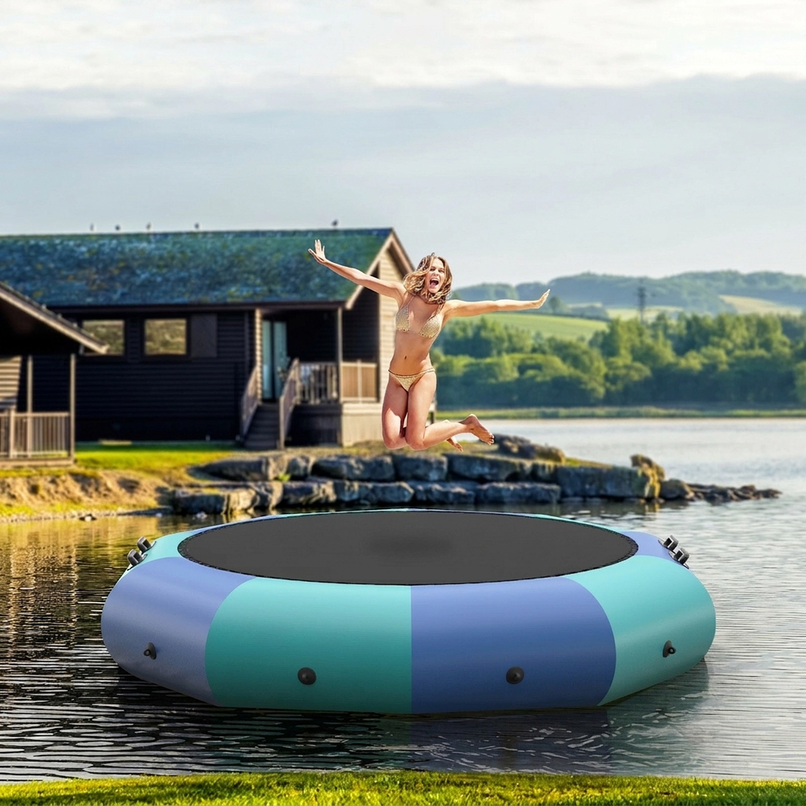 10-ft Inflatable Lake Trampoline Floating Water Bouncer 500W Electric Inflator Rope Ladder Anchor 330-lb Ages 14+ Blue