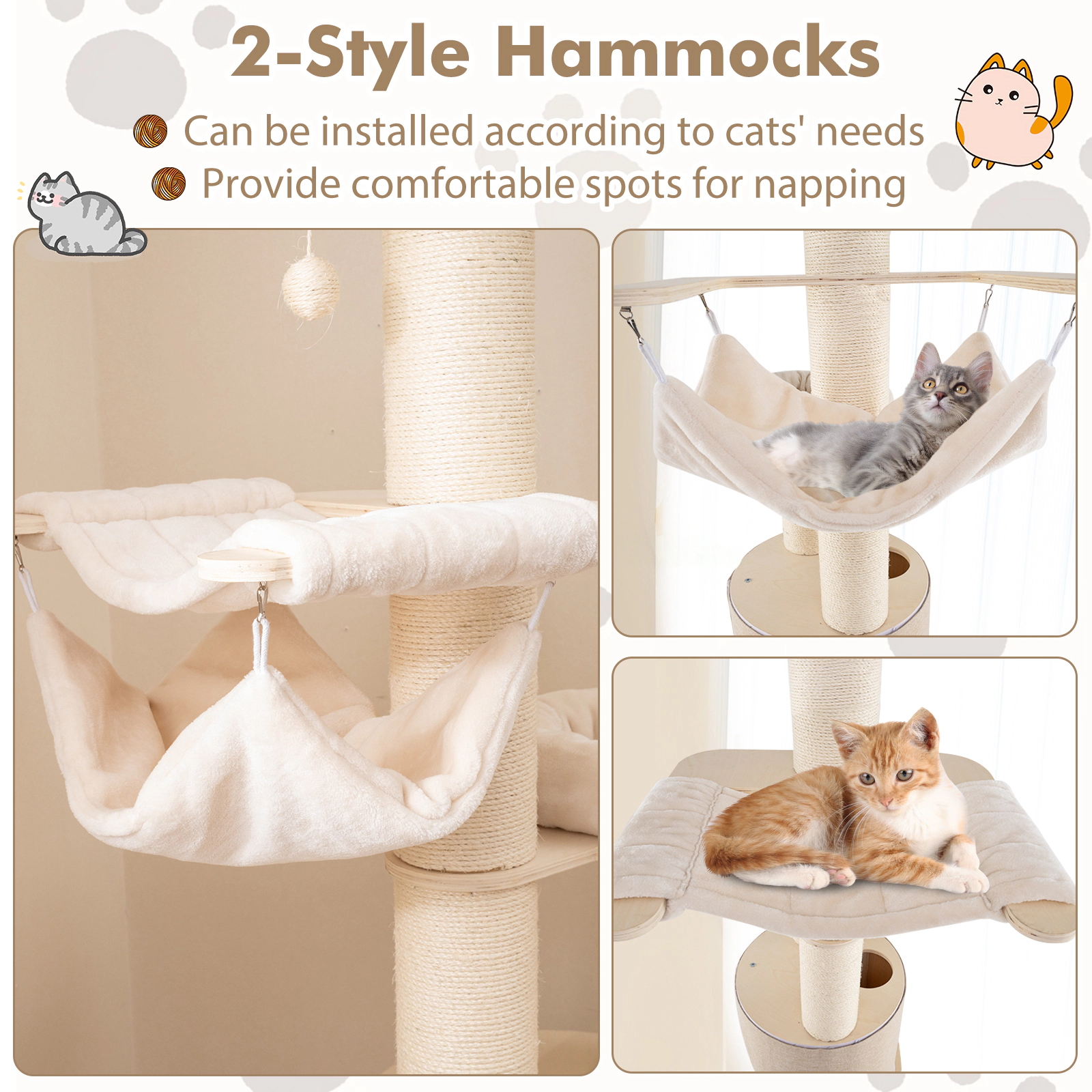 SUGIFT 74-in Natural Cat Tree for Large Cats with 2-Story Bamboo Condo 4 Cat Holes and 2 Hammocks