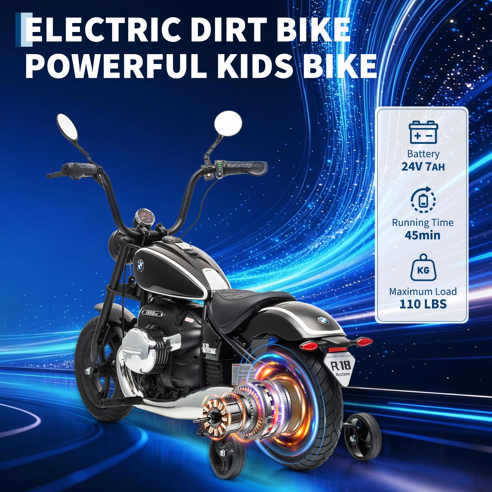 24V Kids Electric Motorcycle with Training Wheels, Adjustable Speed Ride On Bike for Ages 6+, Max 143lbs Load Capacity