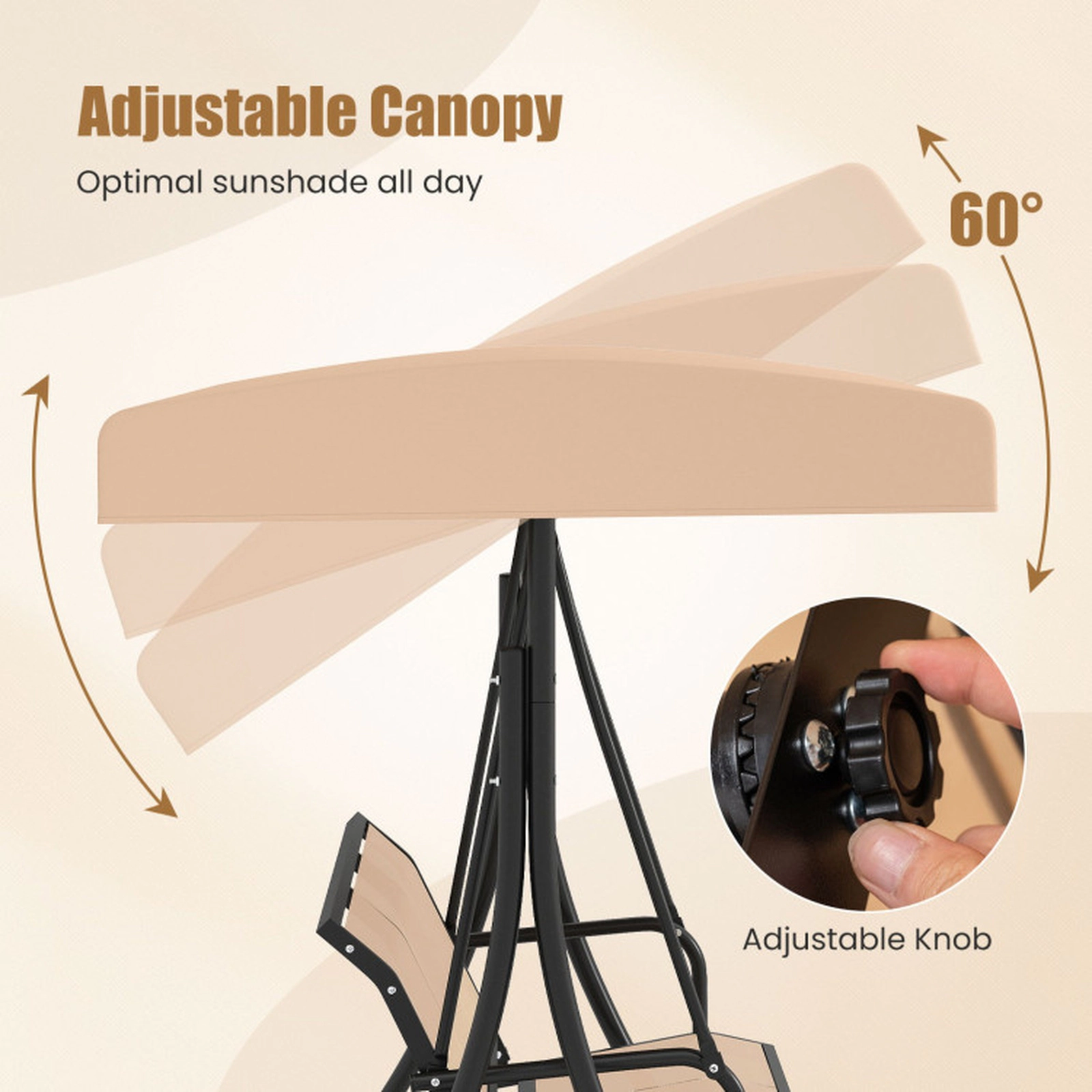 SUGIFT 3-Seat Patio Swing Chair with Adjustable Canopy 800-lb Capacity 75-in Frame 57 x 18 x 21 in Seat Beige and Black