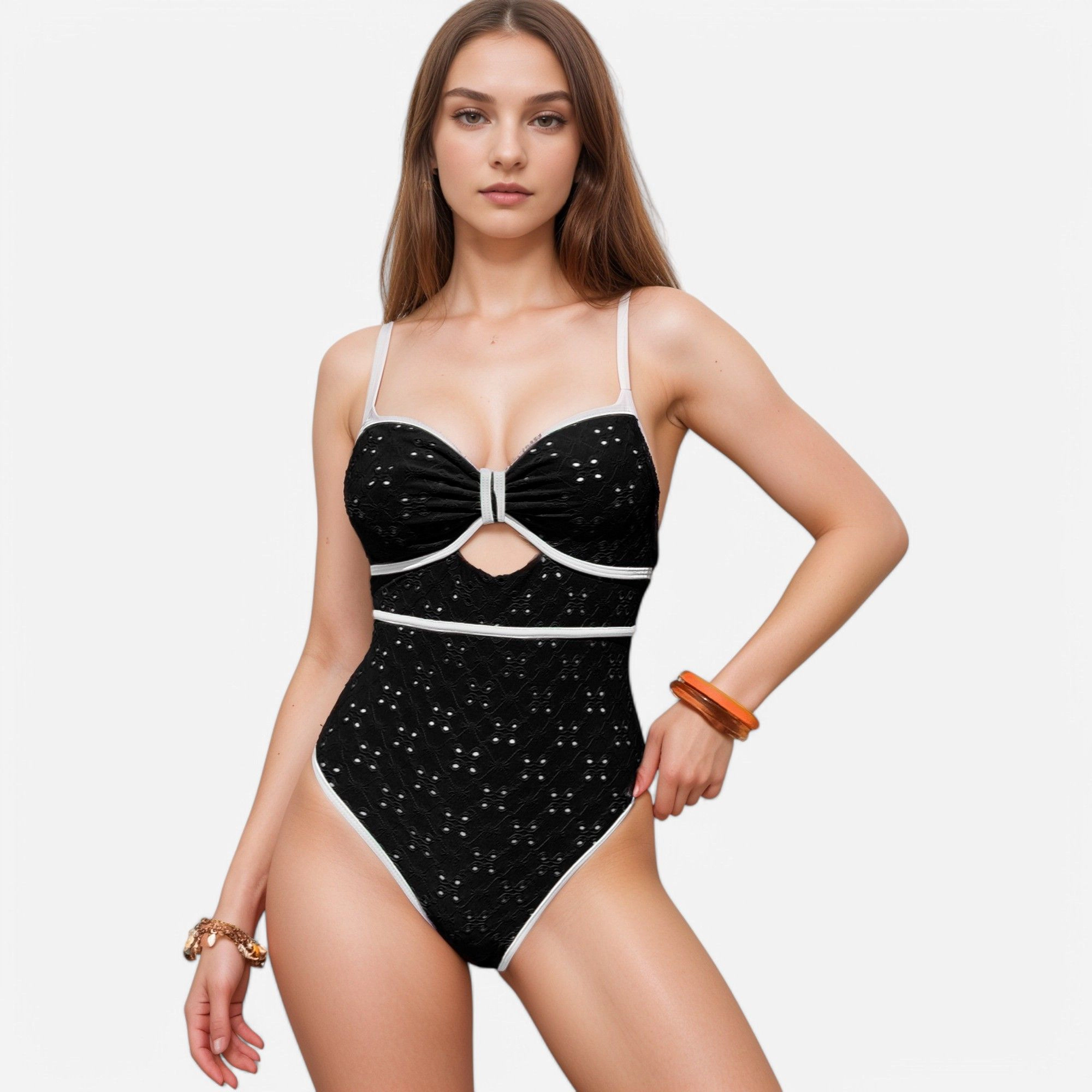 Anna-Kaci Women Eyelet Lace One-Piece Swimsuit - Keyhole Cutout, Sweetheart Neckline, Contrast Trim