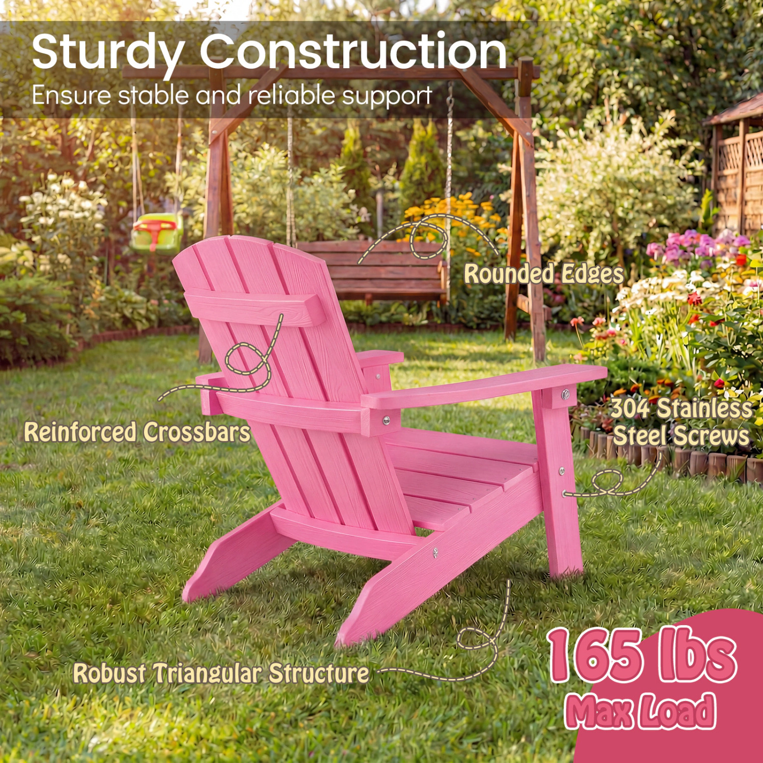 SlickBlue Kids Pink Outdoor Lounge Chair, Wooden Kids Patio Chair