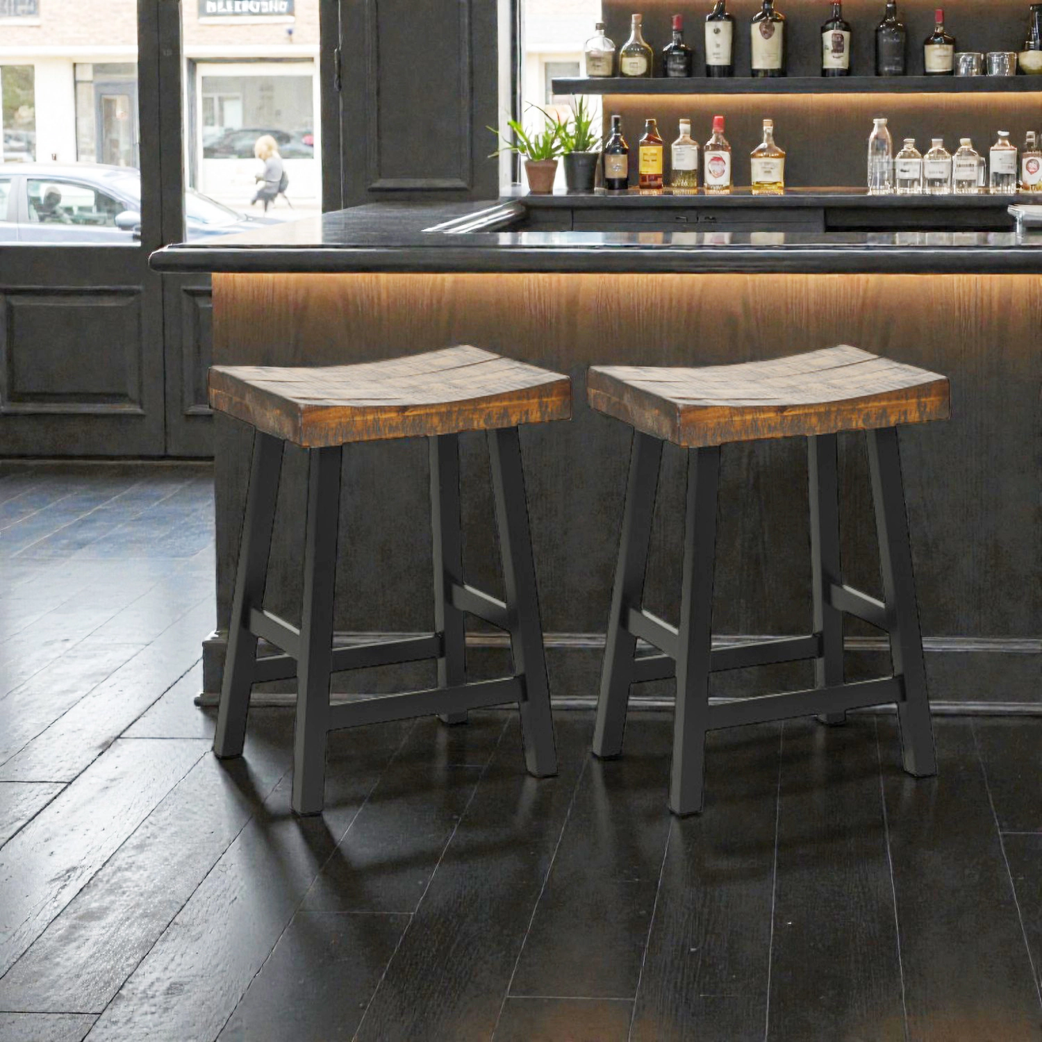 Hivvago Solid Wood Saddle-Style Bar Stool with Curved Seat and Supportive Footrest