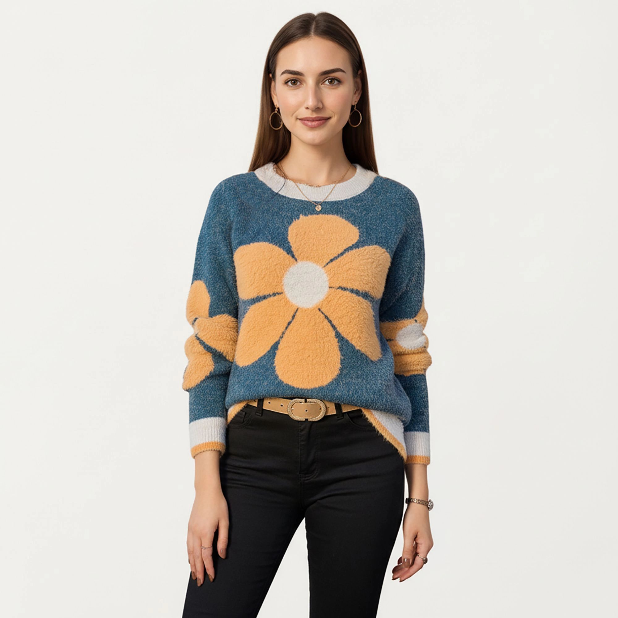 Anna-Kaci Women's Large Floral Graphic Pattern Fuzzy Knit Sweater with Soft Textured Feel Ribbed Crew Neckline
