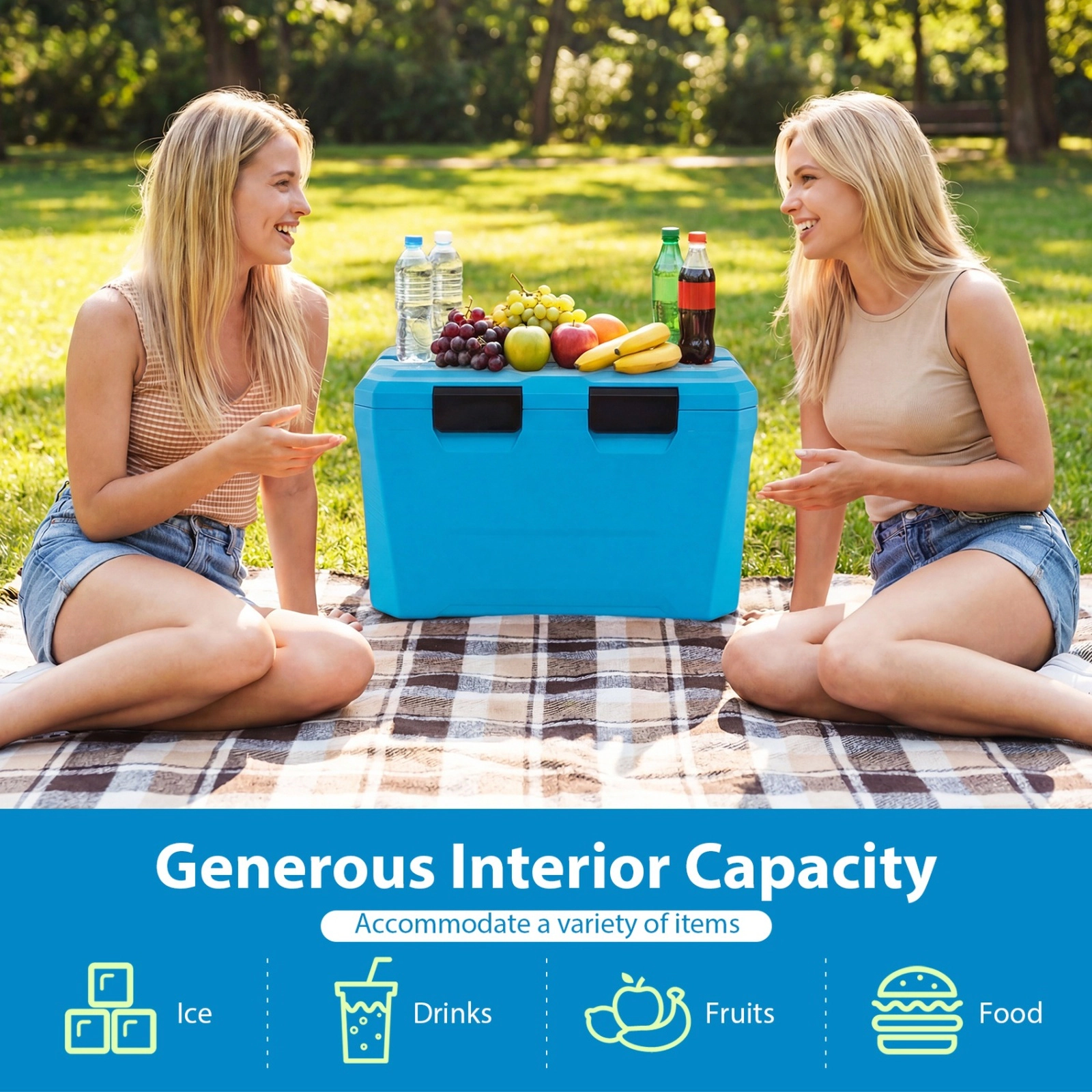 SUGIFT Blue 37-qt Hard Shell Insulated Cooler Ice Chest with 2 Cup Holders Bottle Opener and Fish Ruler