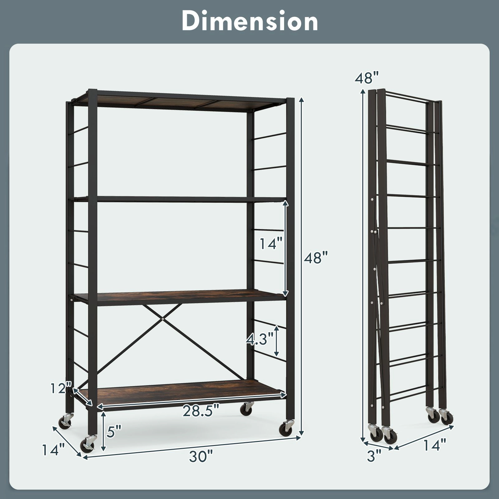 Slickblue 4-Tier Adjustable Storage Shelf with Wheels, 48" Tall