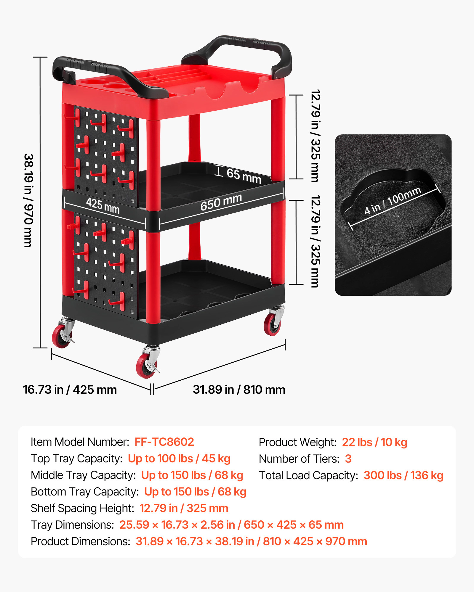 HONGGE 3-Tier Utility Cart with Pegboard & Tool Holders, 300 lbs Capacity, Rolling Cart for Garage & Detailing