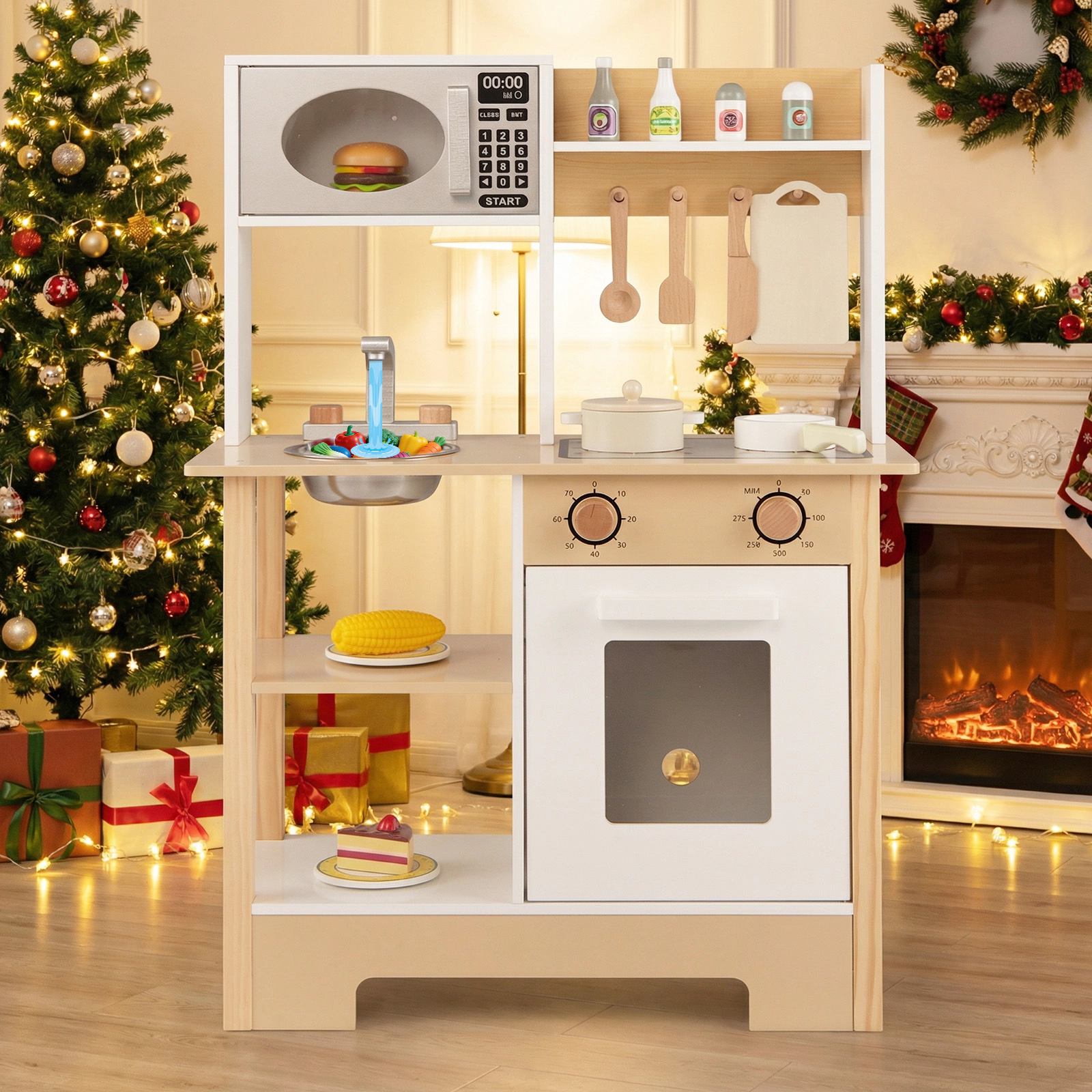 Kids Wooden Toy Kitchen Playset with Anti-Tip Kit Chalkboard and Cookware Accessories 24-in x 10-in x 33.5-in White