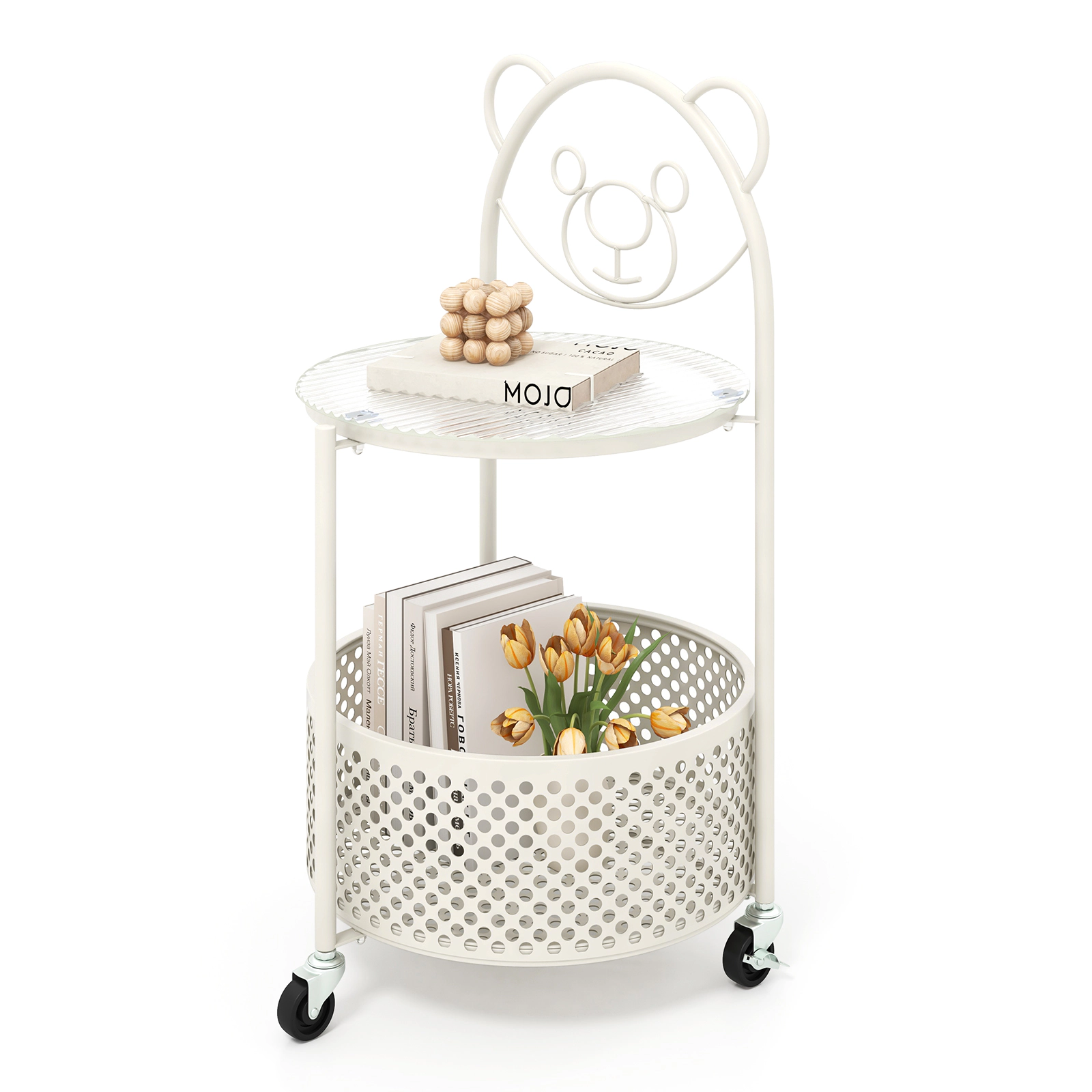 SUGIFT Tempered Glass Top Metal Basket Lockable Rolling Storage Side Table White