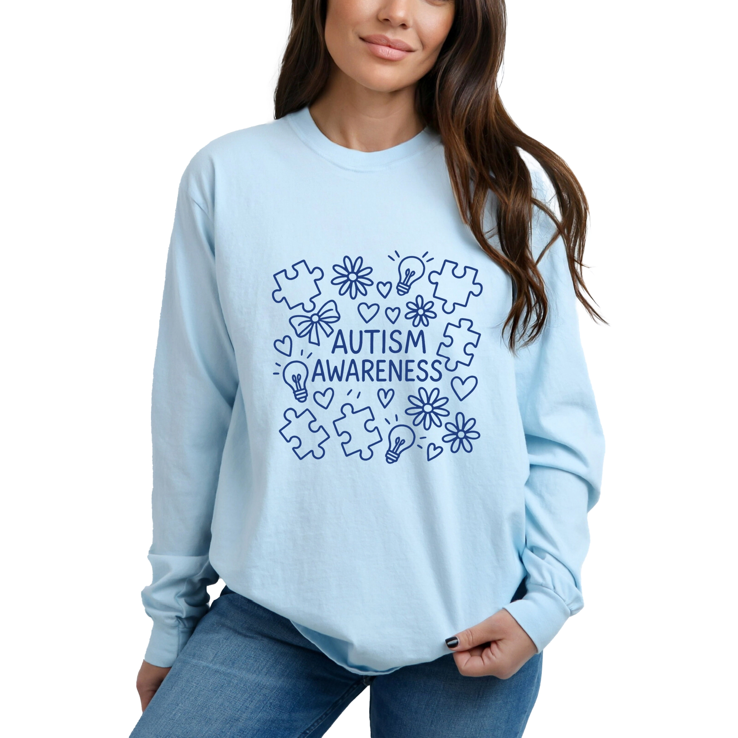 Simply Sage Market - Autism Awareness Puzzle Outline Women's Garment Dyed Long Sleeve Graphic T-Shirt