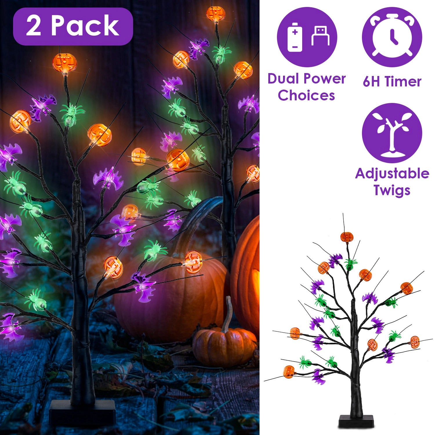 GBruno 2-Pack LED Halloween Tree Lights With Timer